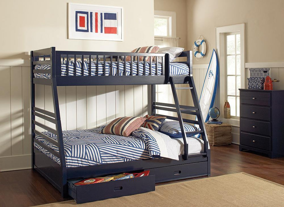 Ashton Twin Over Full 2-drawer Bunk Bed Cappuccino, White, Navy, Honey, & Brown
