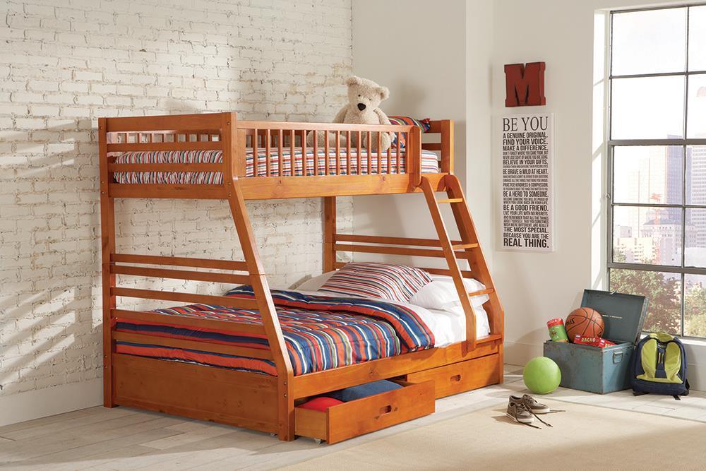 Ashton Twin Over Full 2-drawer Bunk Bed Cappuccino, White, Navy, Honey, & Brown