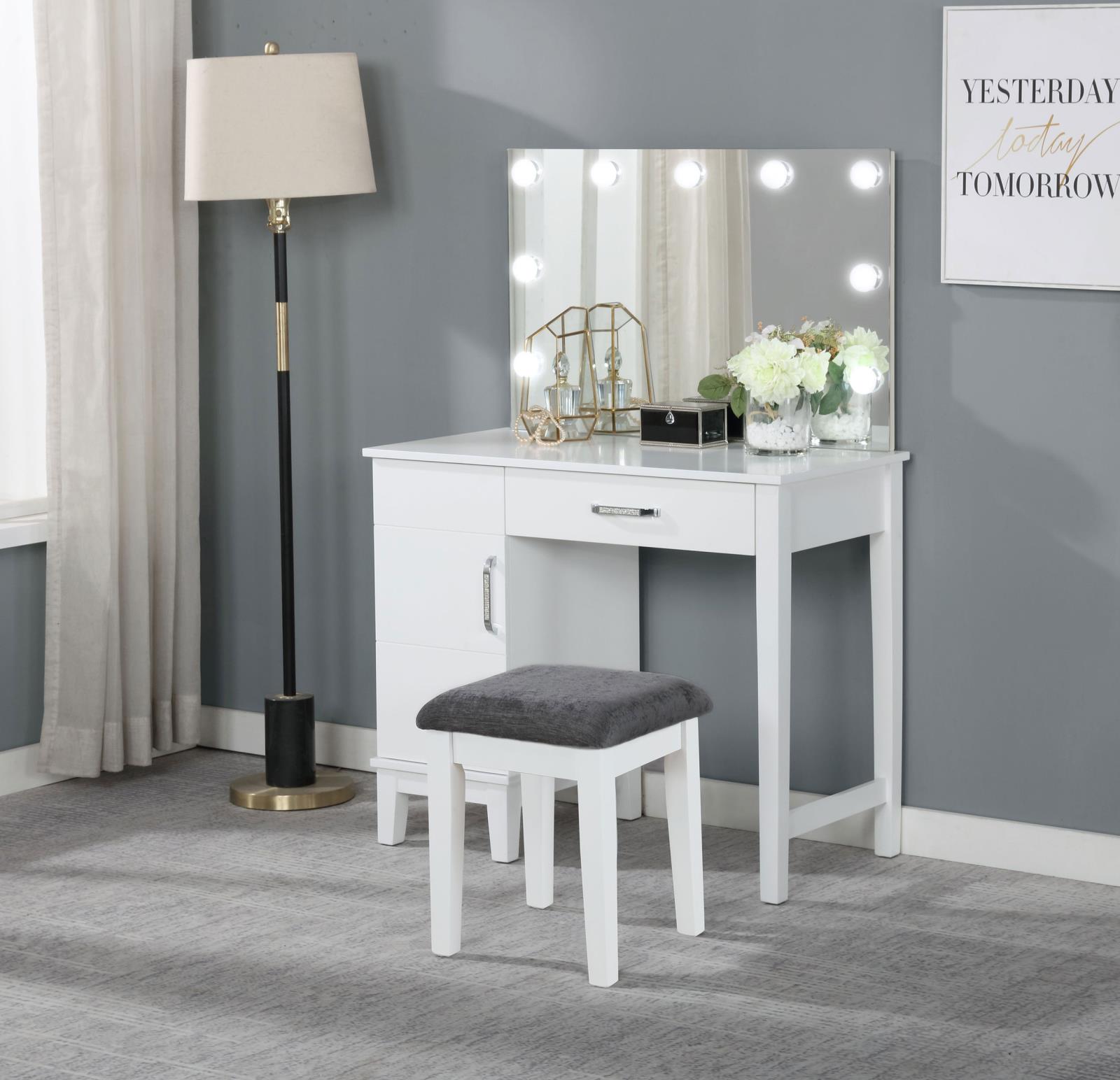 Elijah Vanity Set with Lighting & Stool White and Dark Grey - Image 2