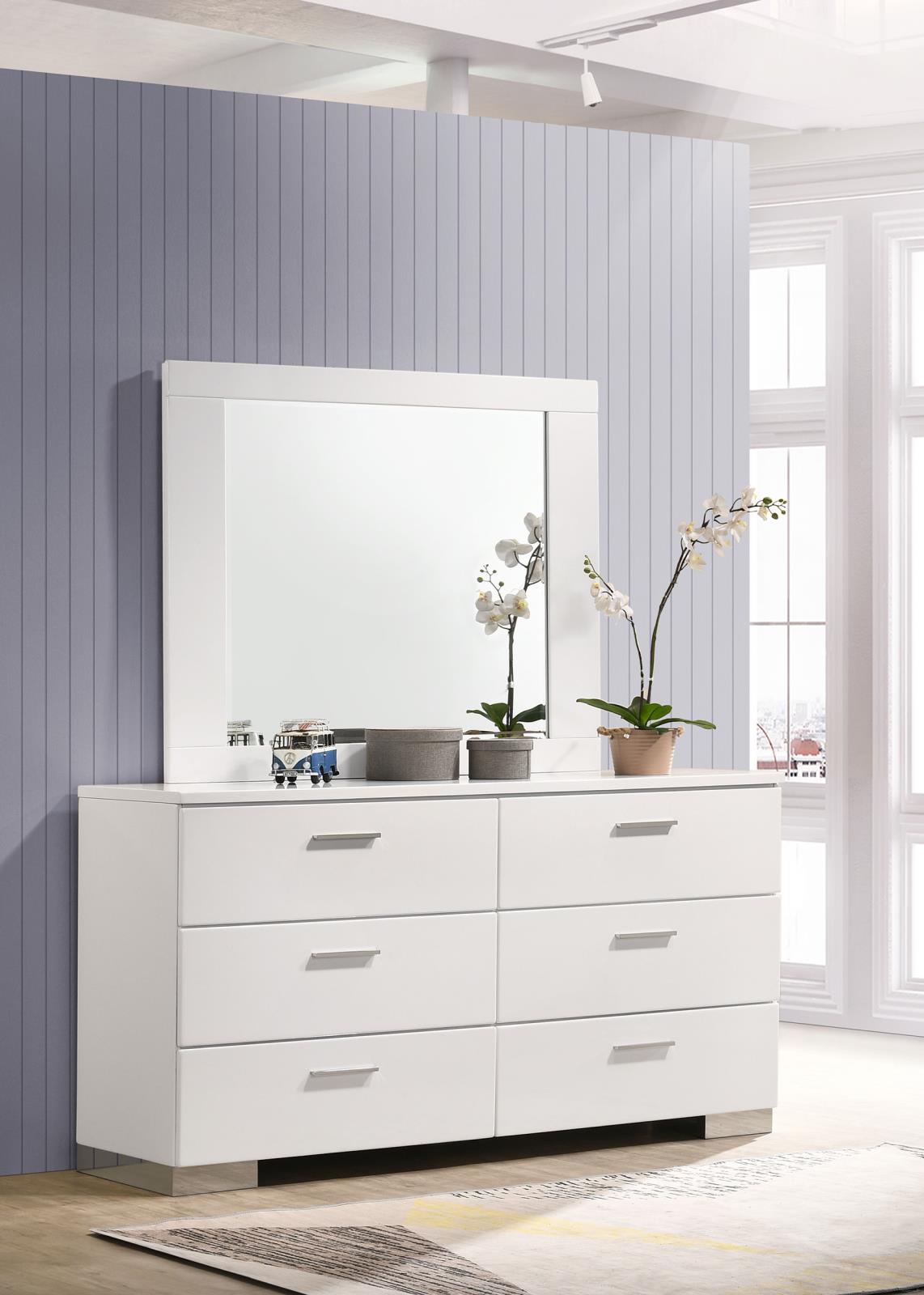 Felicity 6-drawer Wood Dresser with Mirror White High Gloss - Image 2