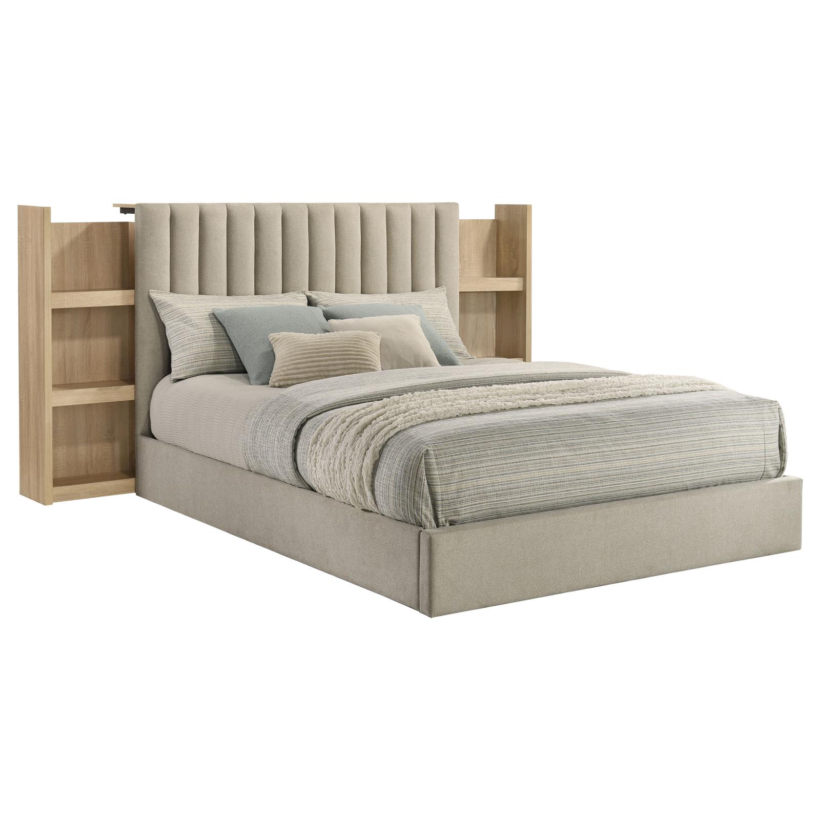 Arielle Queen Upholstered Bookcase Bed Light Tan and Light Oak - Image 3