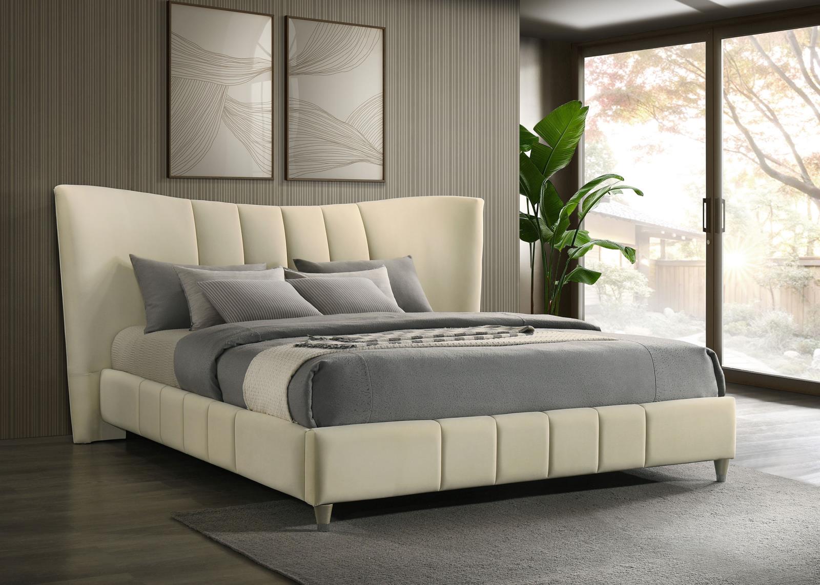 Evelyn Upholstered Eastern King Panel Platform Bed Ivory - Image 2