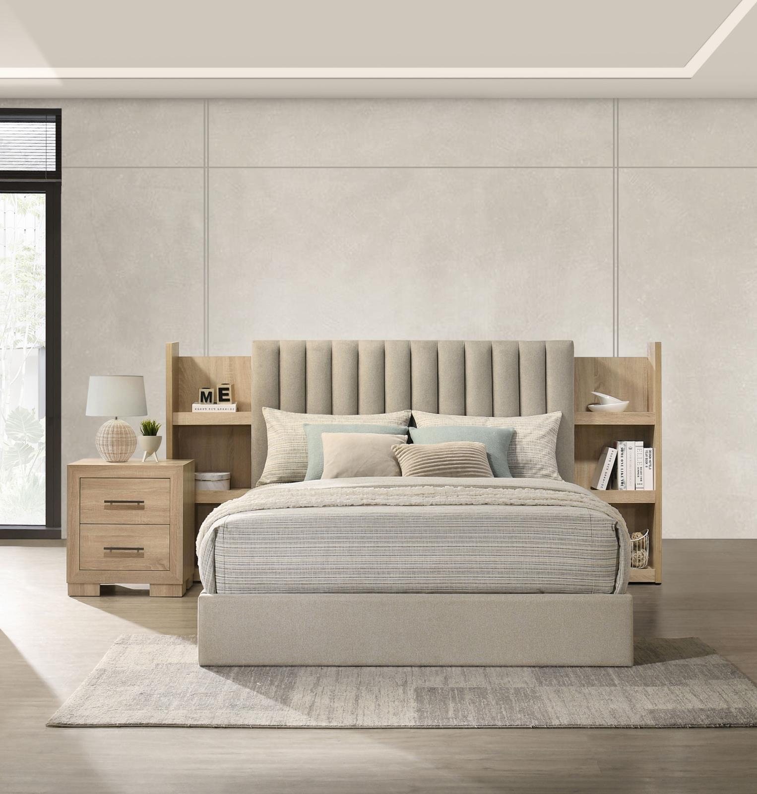 Arielle Eastern King Upholstered Bookcase Bed Light Tan and Light Oak - Image 15