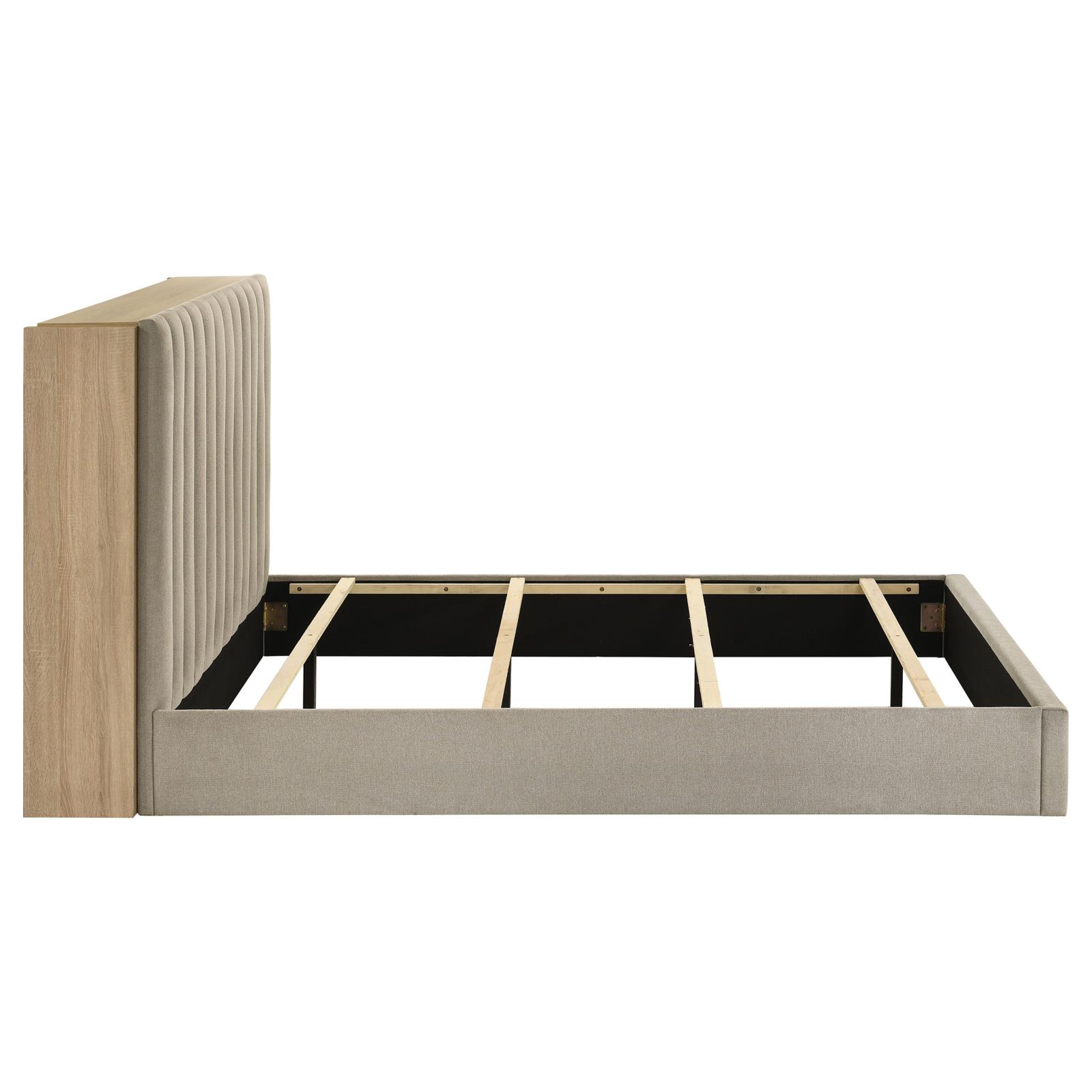 Arielle Queen Upholstered Bookcase Bed Light Tan and Light Oak - Image 8
