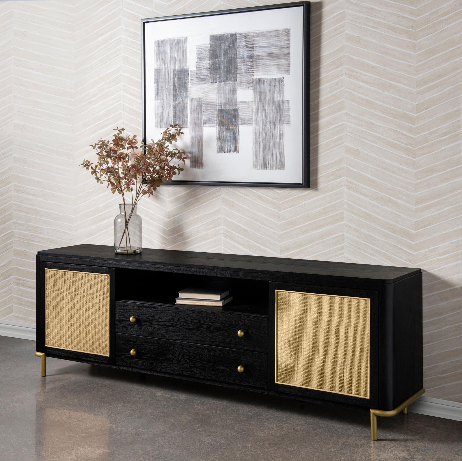 Arini Rattan Cane 2-door TV Stand Media Console Black - Image 2