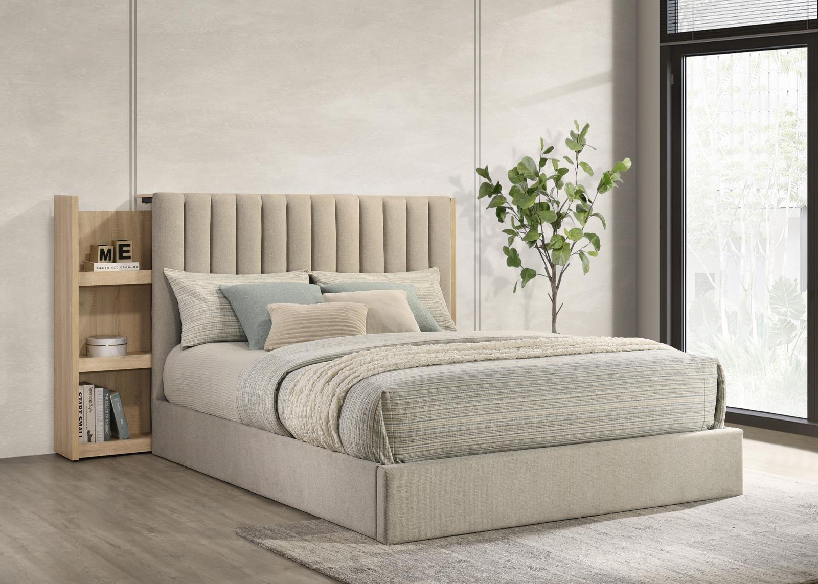 Arielle Queen Upholstered Bookcase Bed Light Tan and Light Oak - Image 2