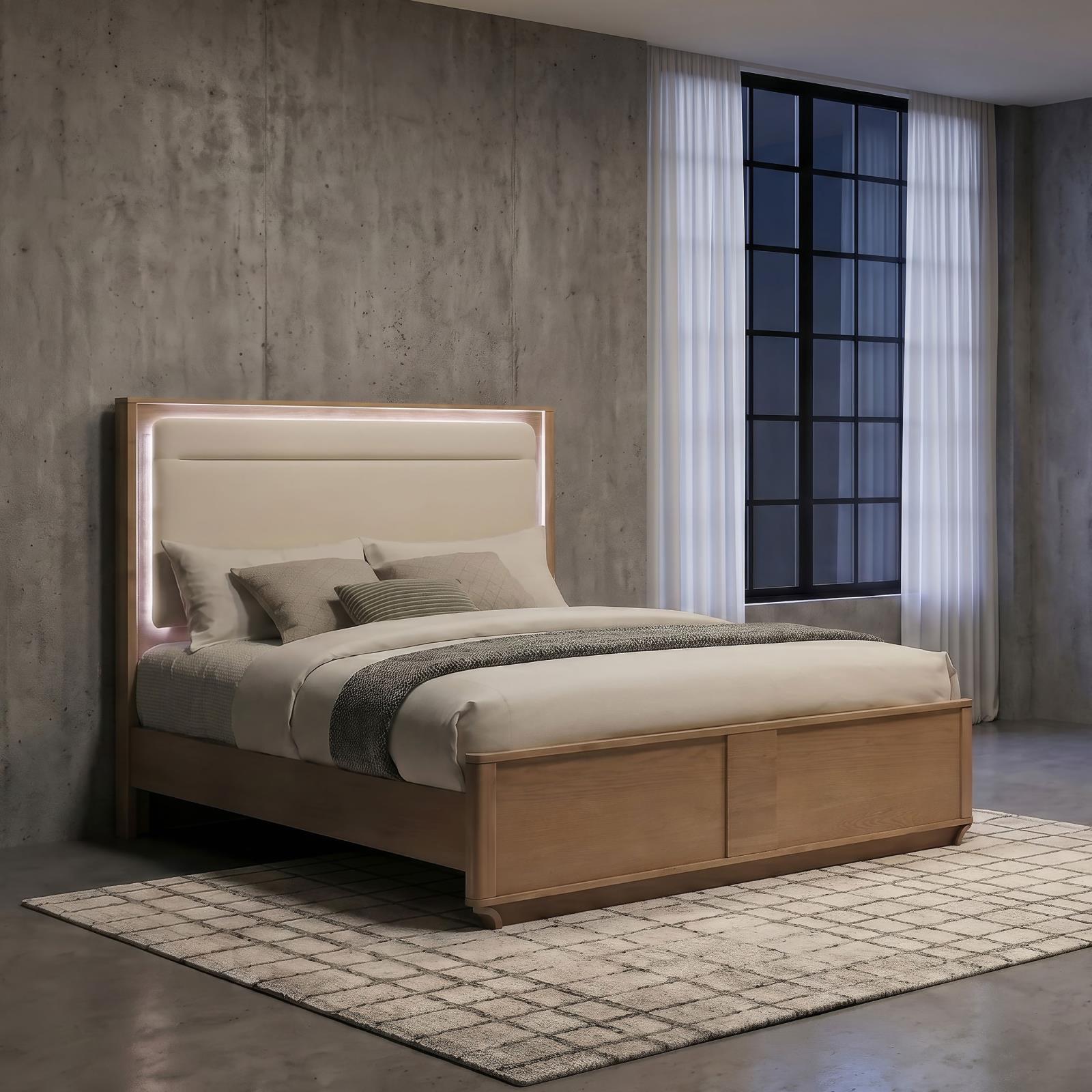 Leanne Eastern King LED Panel Bed Off White and Light Oak - Image 2