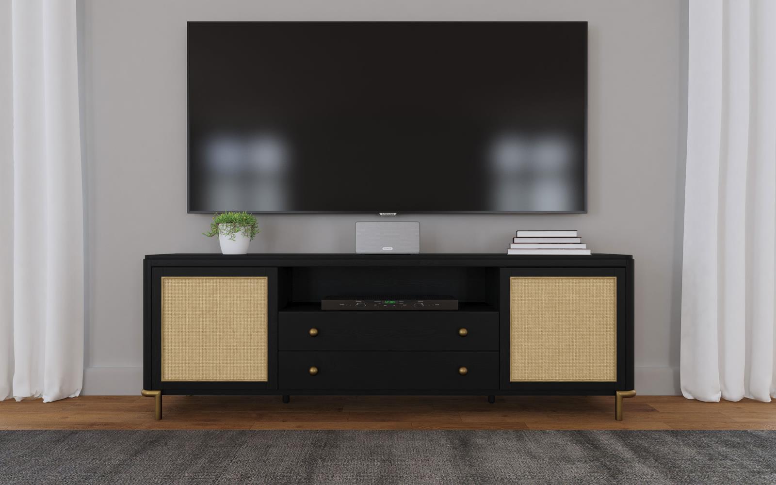 Arini Rattan Cane 2-door TV Stand Media Console Black - Image 16