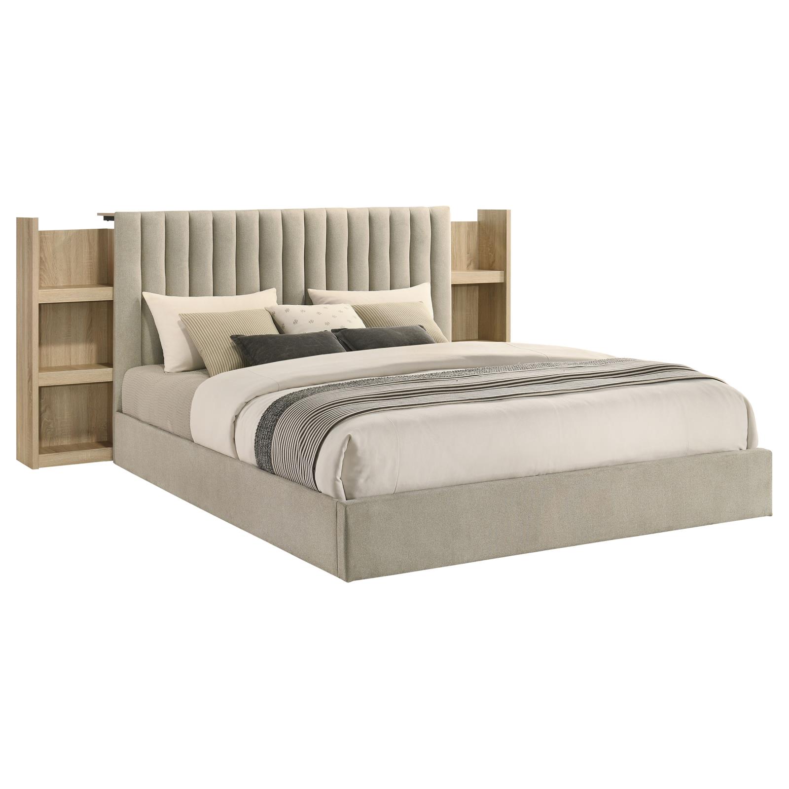 Arielle Eastern King Upholstered Bookcase Bed Light Tan and Light Oak - Image 5