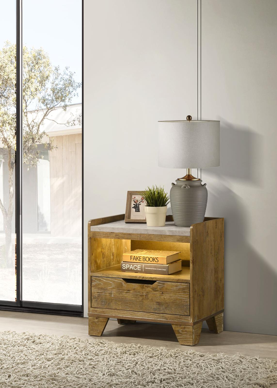 Henderson 1-drawer LED Nightstand Bedside Table Medium Oak - Image 2