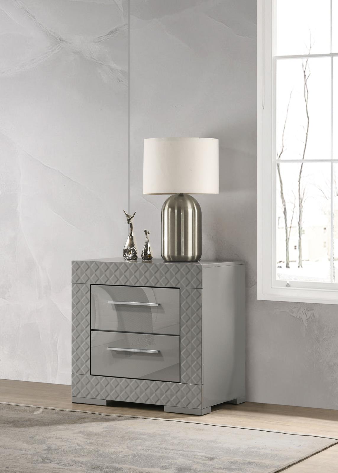 Ives 2-drawer Nightstand Bedside Table Grey High Gloss - Image 2