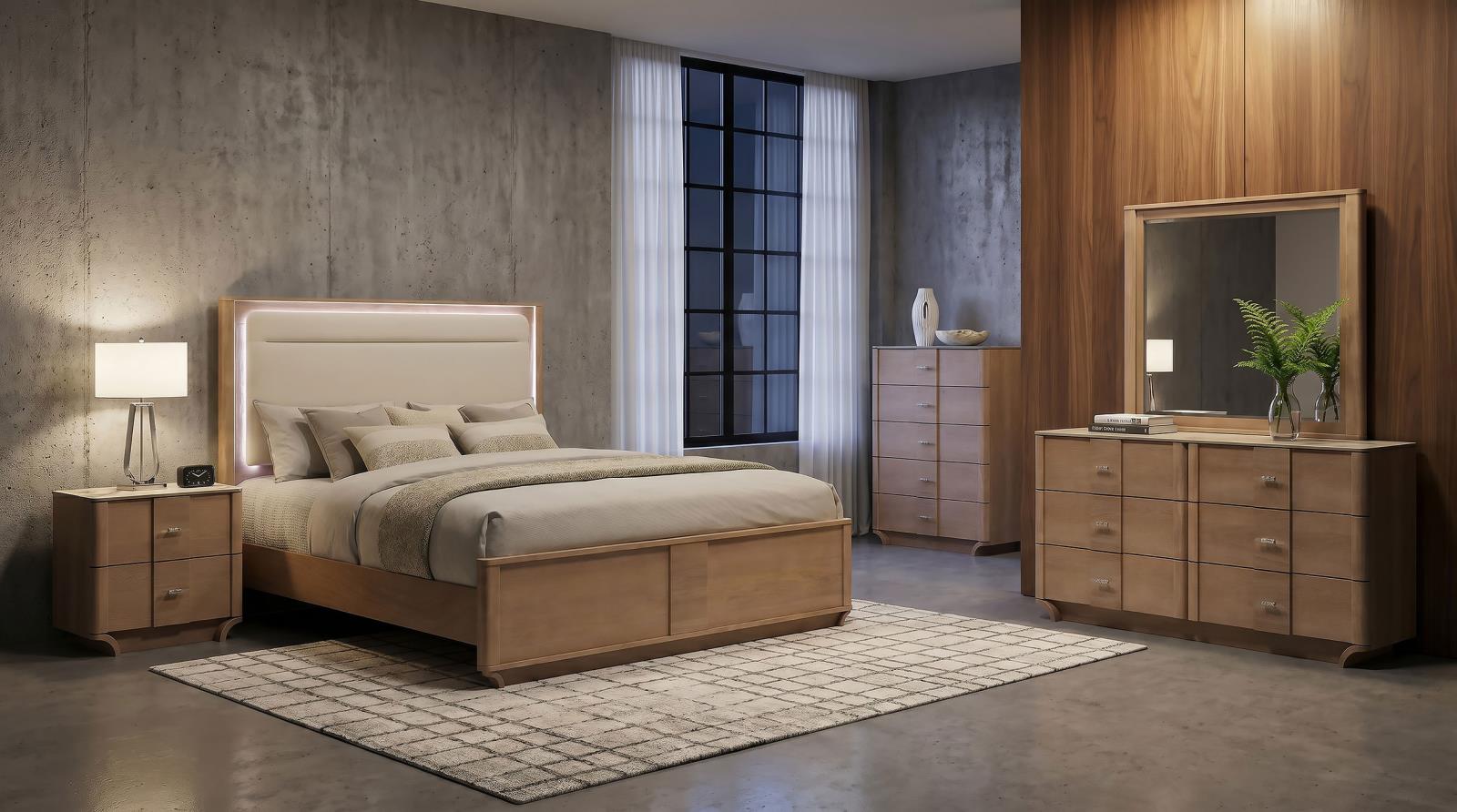 Leanne Queen LED Panel Bed Off White and Light Oak - Image 12