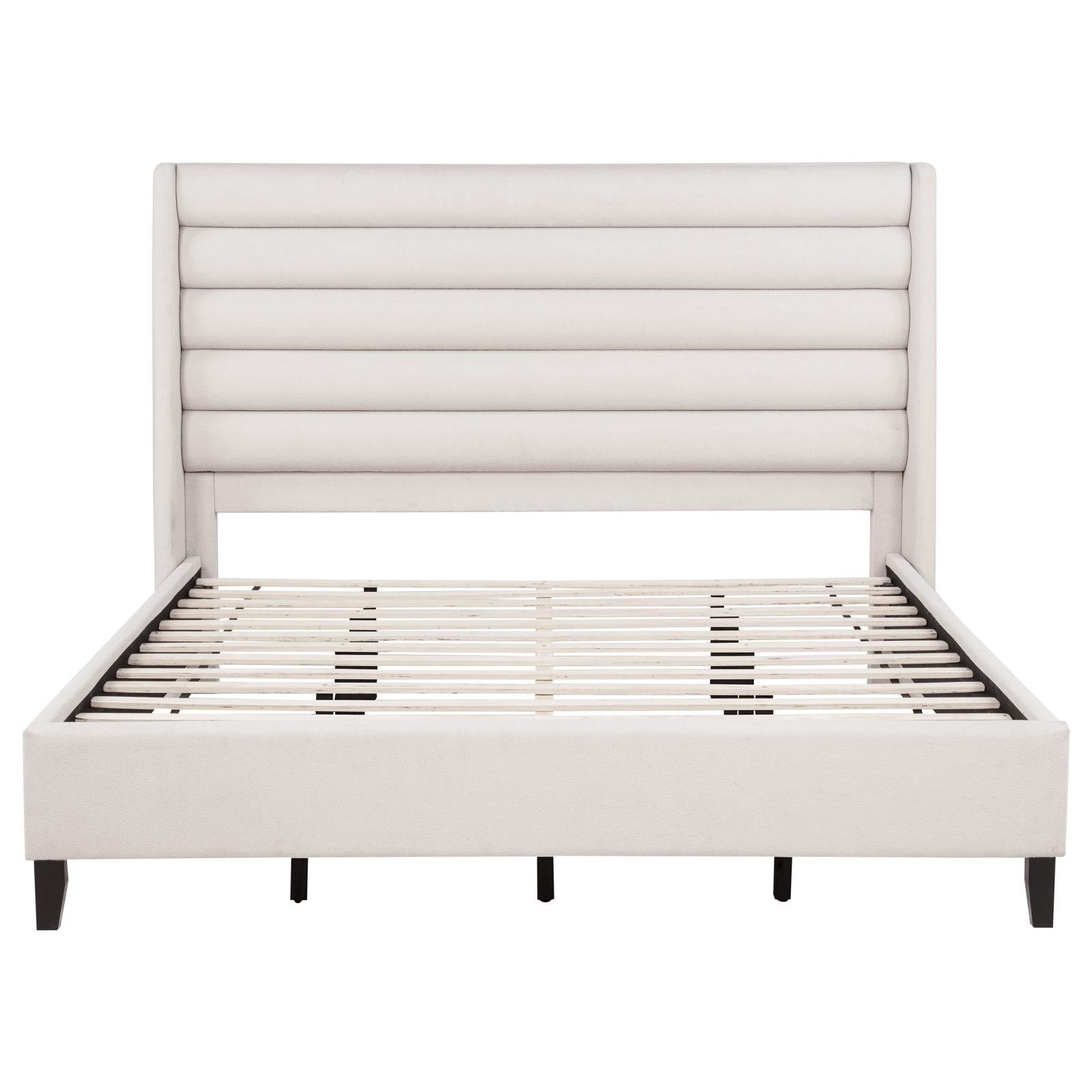 Leslie Upholstered Tufted Eastern King Wingback Platform Bed Beige - Image 4