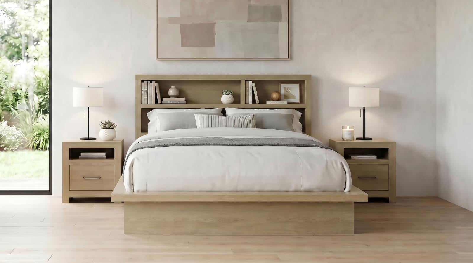 Hendricks Eastern King Bookcase Headboard Platform Bed Light Oak - Image 10