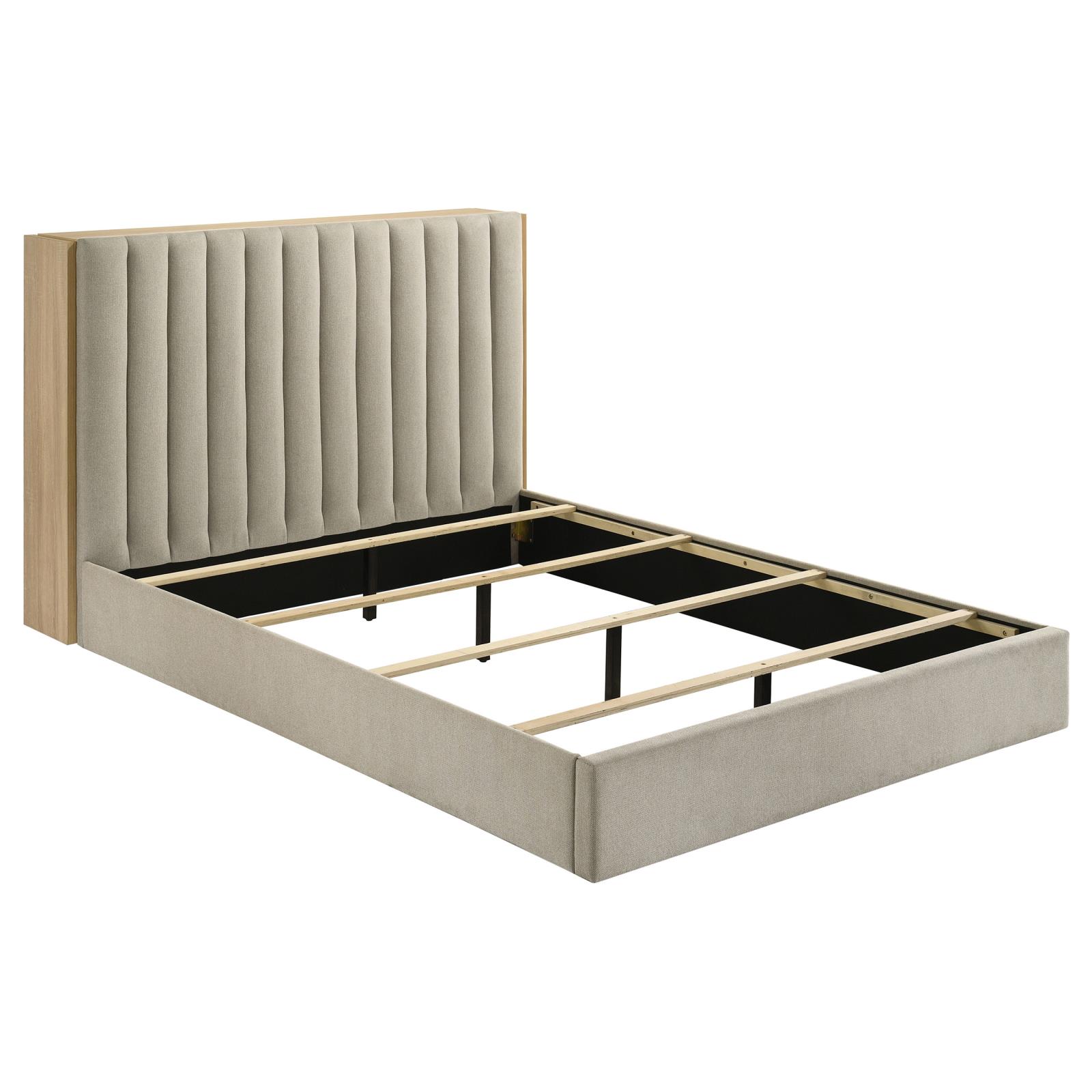 Arielle Queen Upholstered Bookcase Bed Light Tan and Light Oak - Image 4
