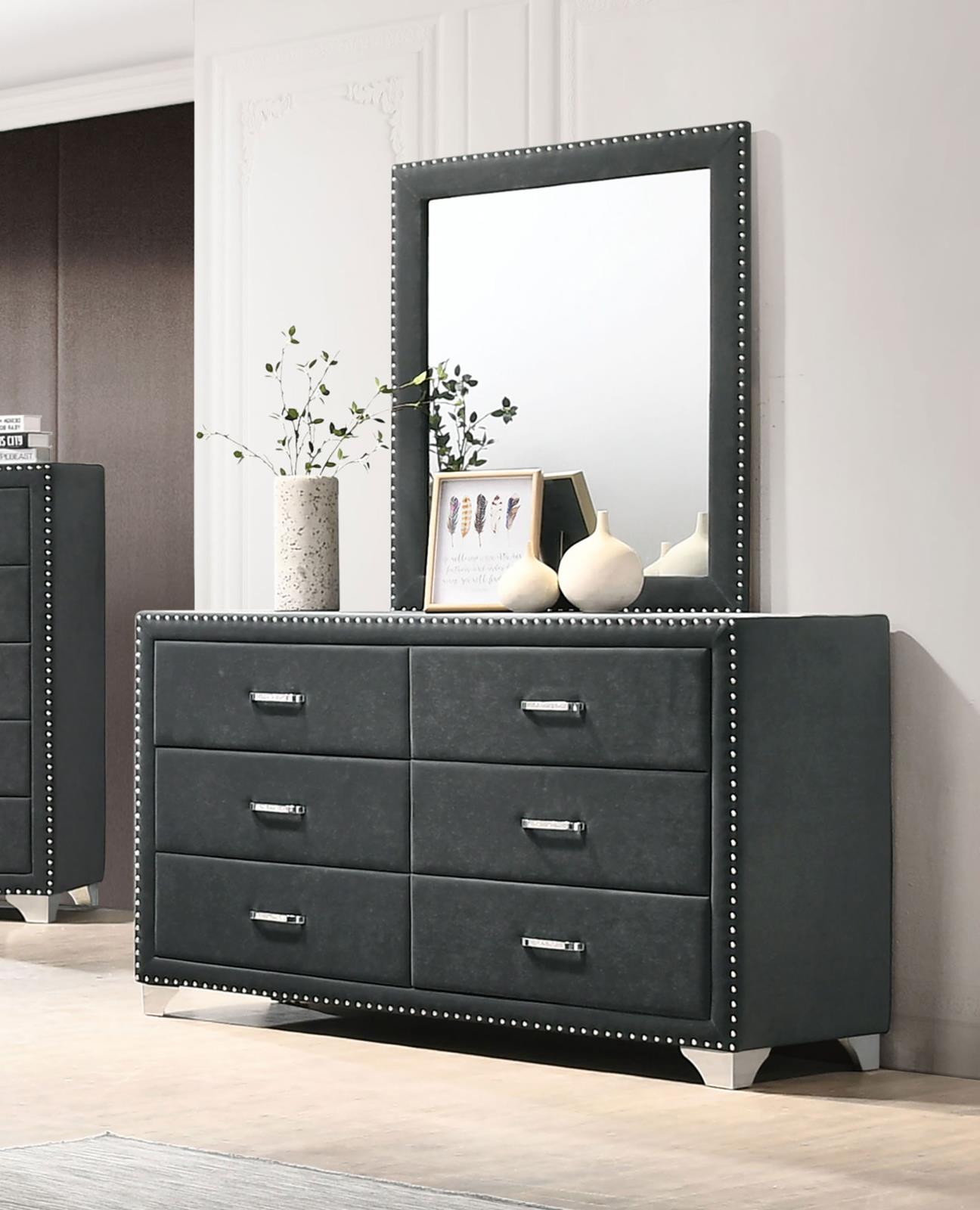 Melody 6-drawer Upholstered Dresser with Mirror Grey - Image 2