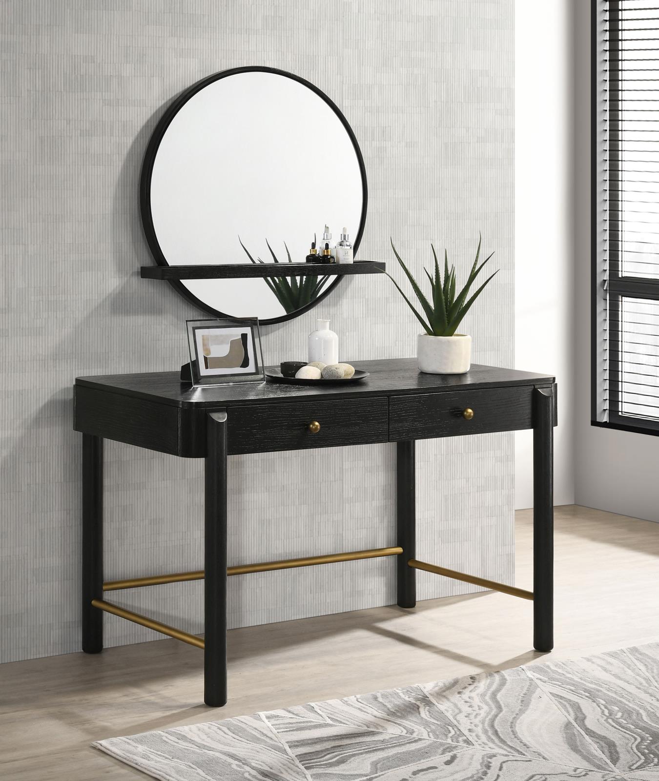 Arini Round Vanity Wall Mirror with Shelf Black - Image 7