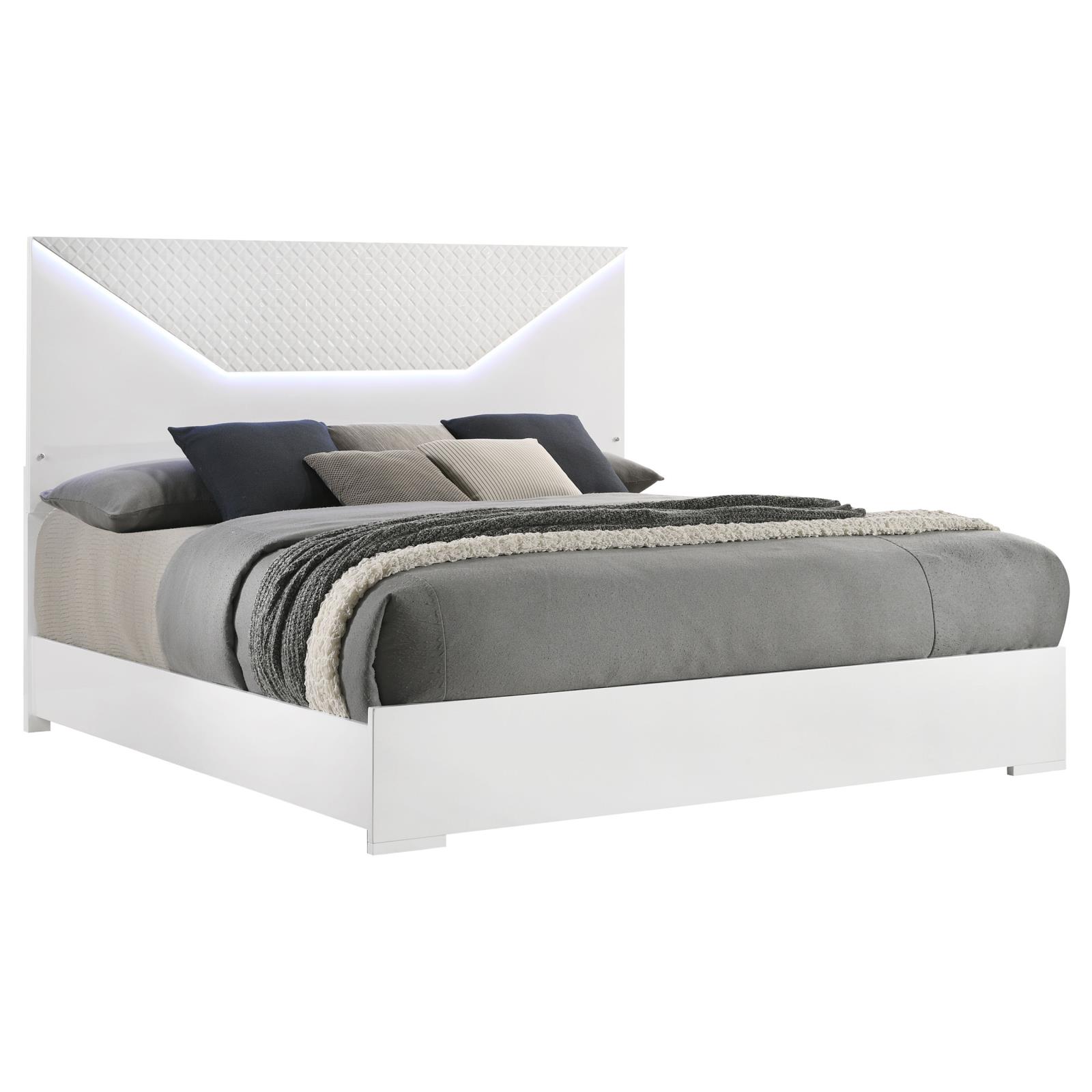 Ives Eastern King Panel Bed LED Headboard White High Gloss - Image 3