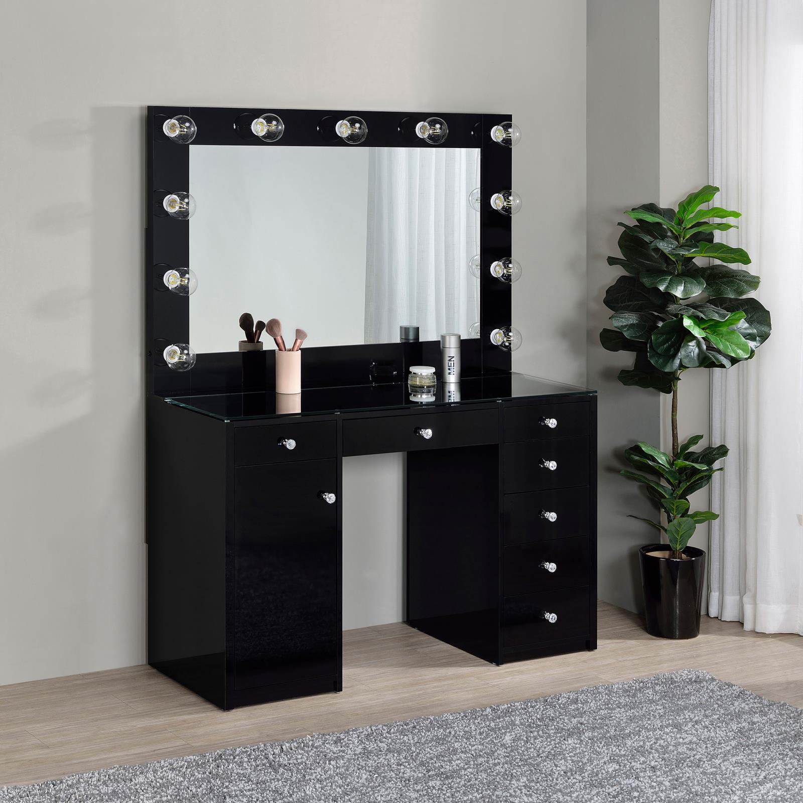 Acena 7-drawer Vanity Set with Lighting Black High Gloss - Image 2