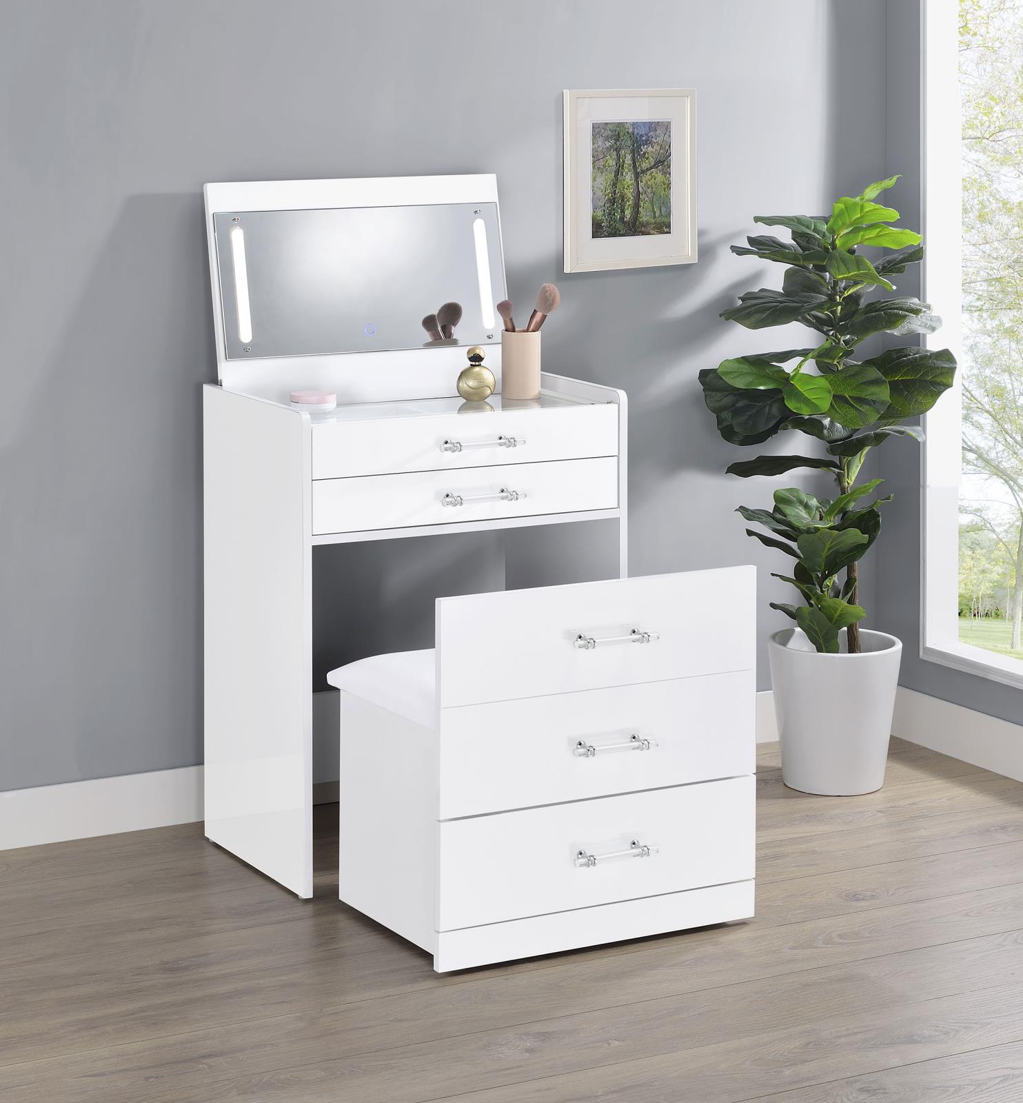 Danbury 3-drawer Makeup Vanity & Stool Set White High Gloss - Image 3