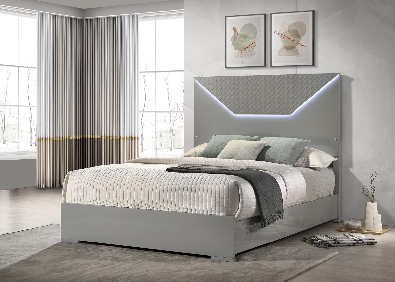 Ives Queen Panel Bed LED Headboard Grey High Gloss - Image 2
