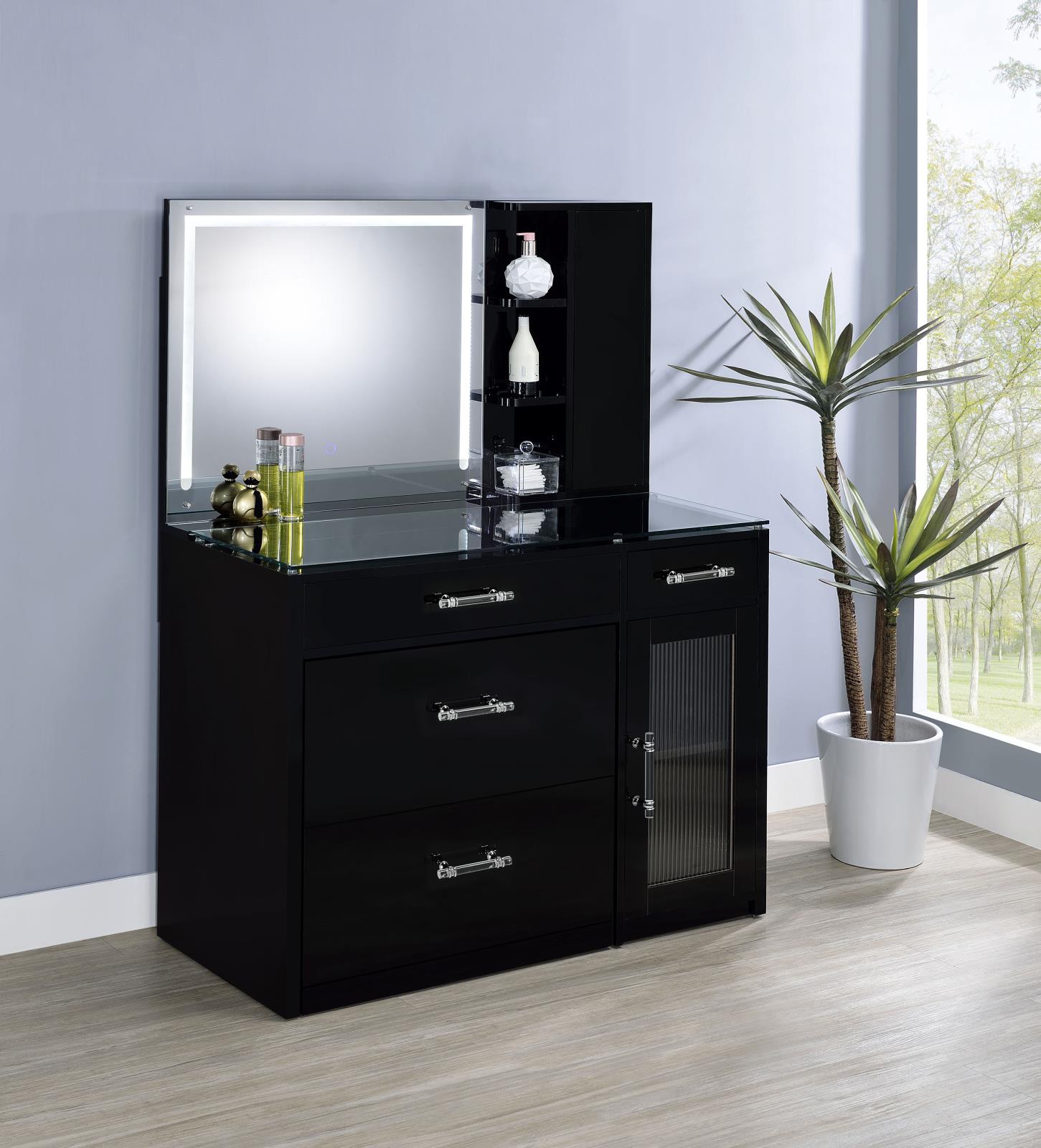 Flora 2-drawer Vanity Set with LED Mirror Black High Gloss - Image 2