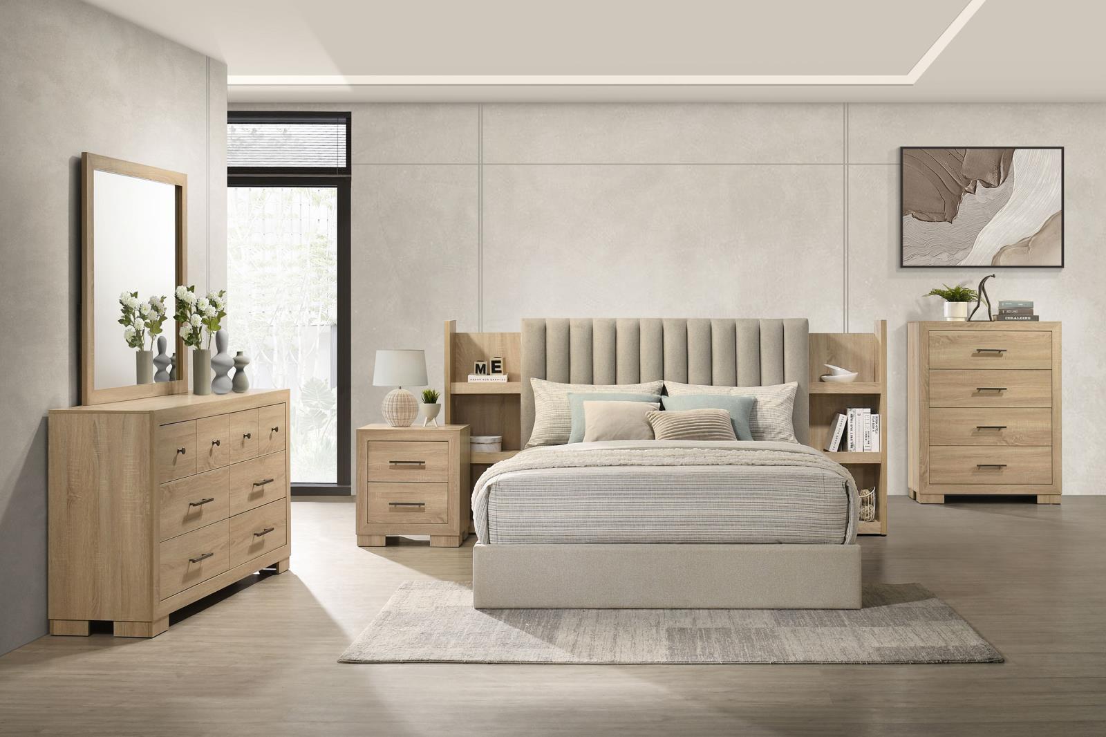 Arielle Eastern King Upholstered Bookcase Bed Light Tan and Light Oak - Image 16