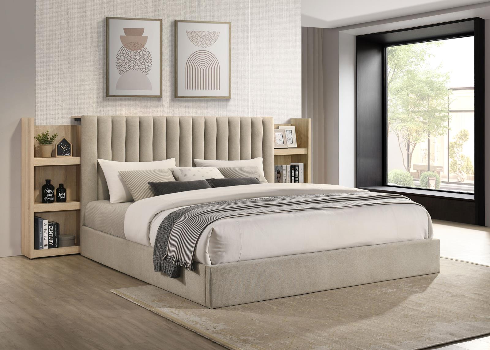 Arielle Eastern King Upholstered Bookcase Bed Light Tan and Light Oak - Image 3