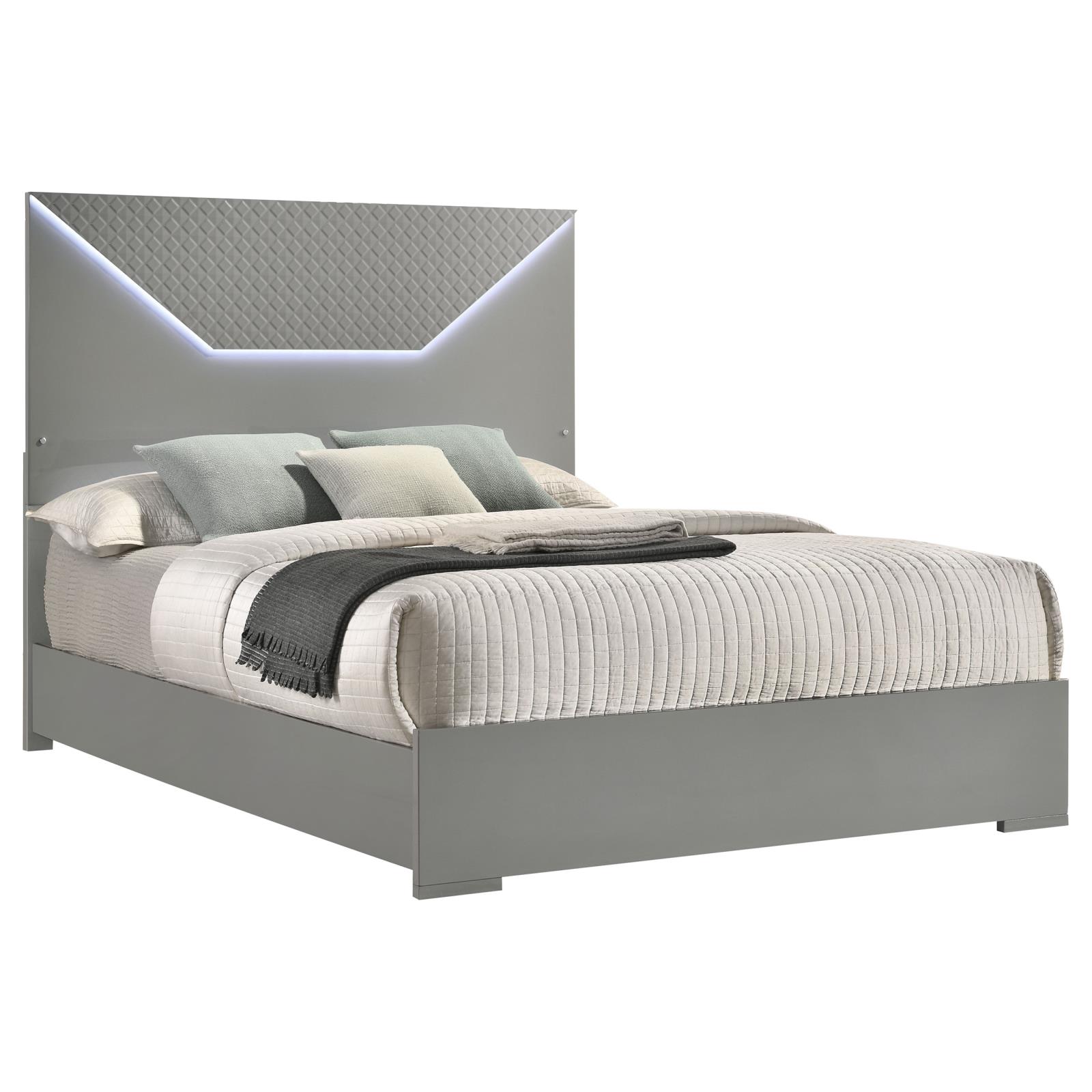 Ives Queen Panel Bed LED Headboard Grey High Gloss - Image 3
