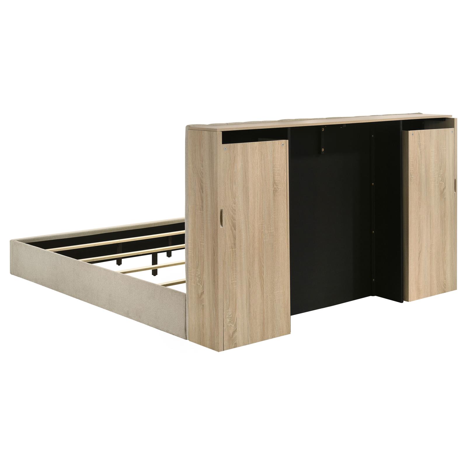 Arielle Eastern King Upholstered Bookcase Bed Light Tan and Light Oak - Image 7