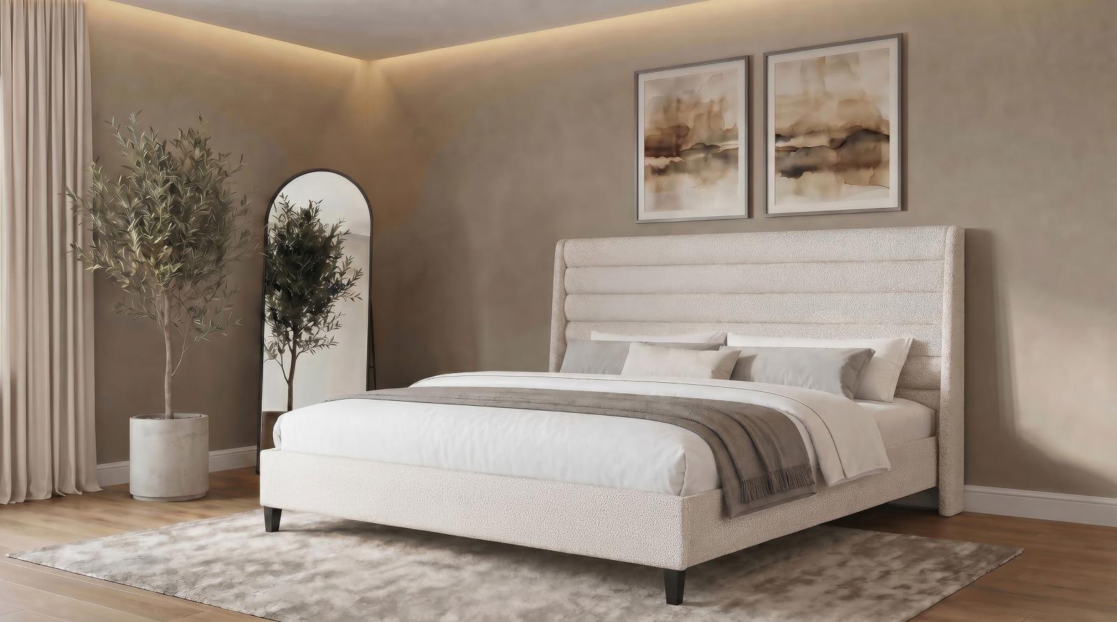 Leslie Upholstered Tufted Eastern King Wingback Platform Bed Beige - Image 2