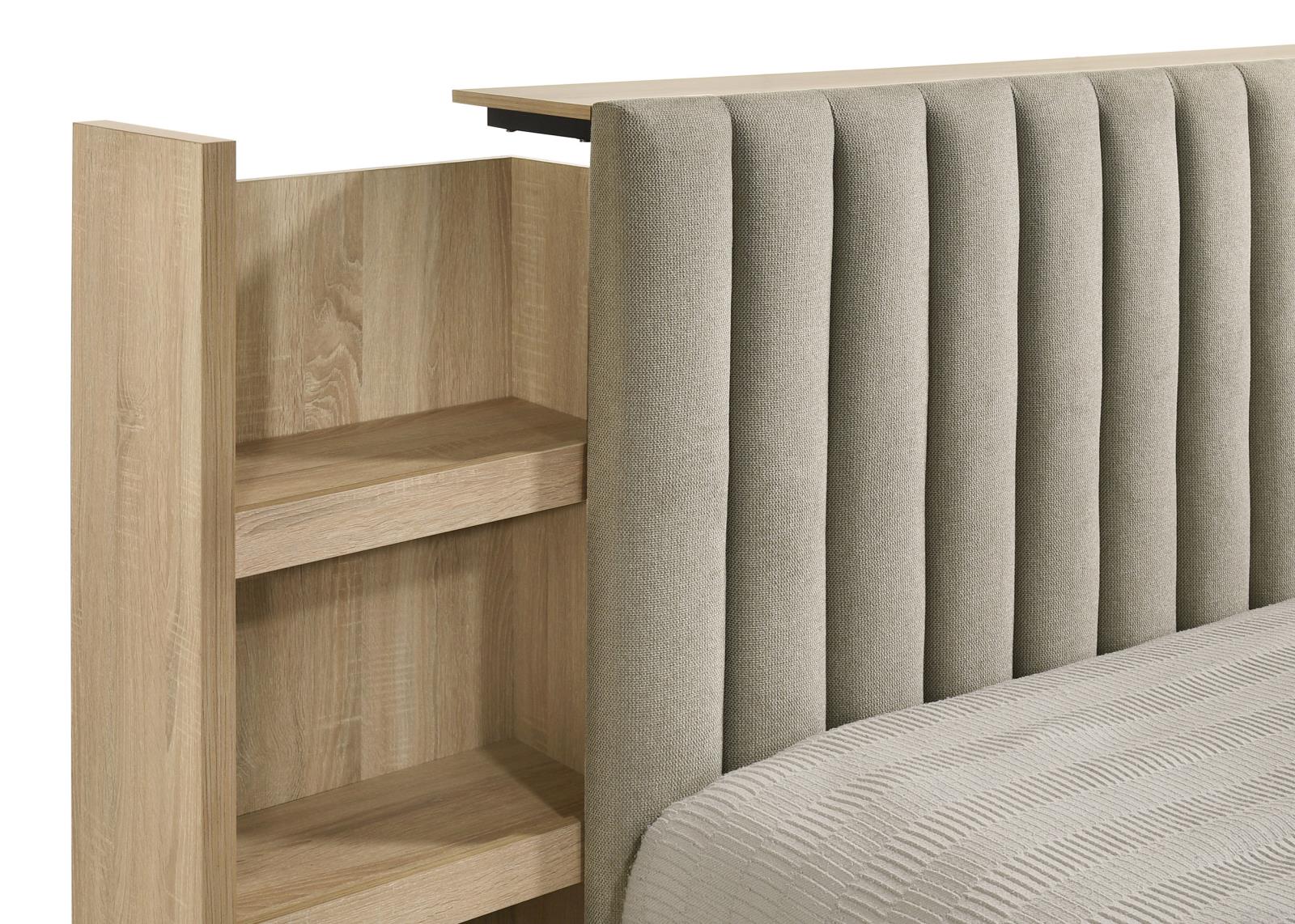Arielle Eastern King Upholstered Bookcase Bed Light Tan and Light Oak - Image 9