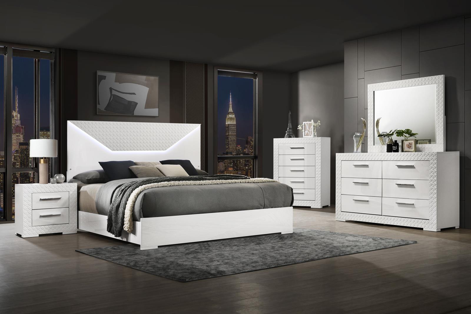 Ives Eastern King Panel Bed LED Headboard White High Gloss - Image 10