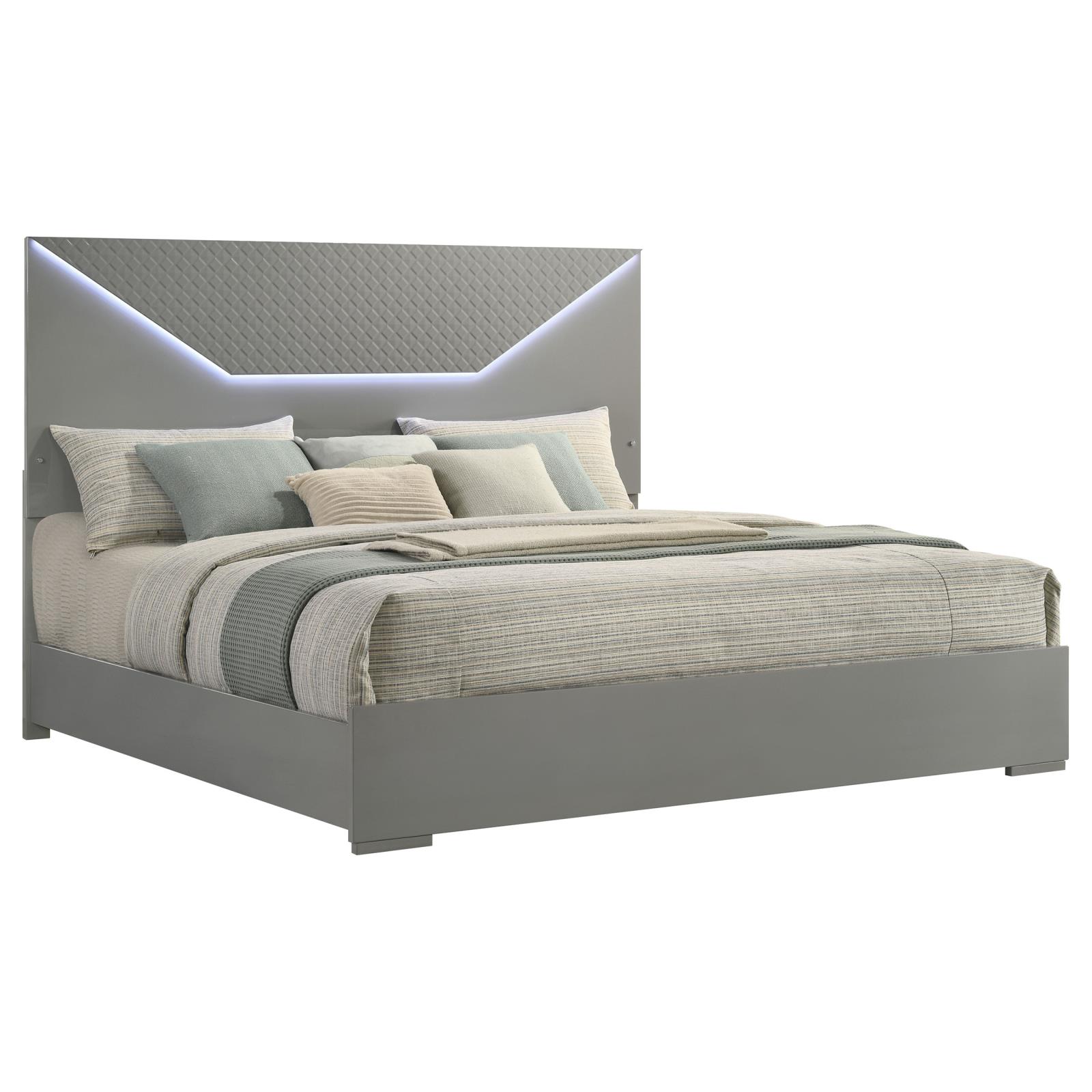 Ives Eastern King Panel Bed LED Headboard Grey High Gloss - Image 3