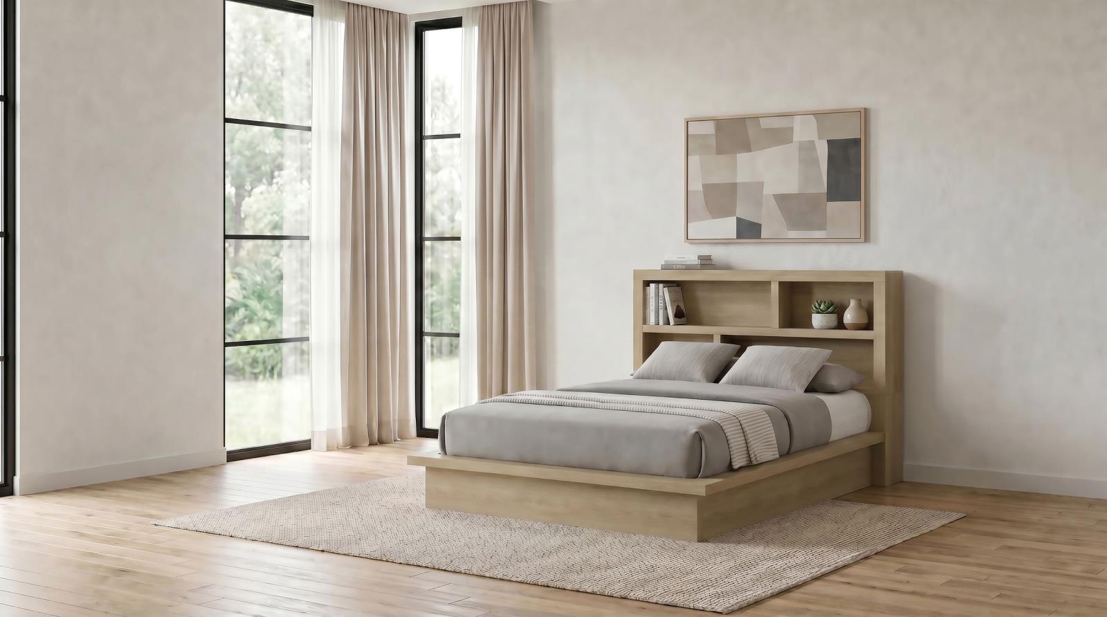 Hendricks Queen Bookcase Headboard Platform Bed Light Oak - Image 2