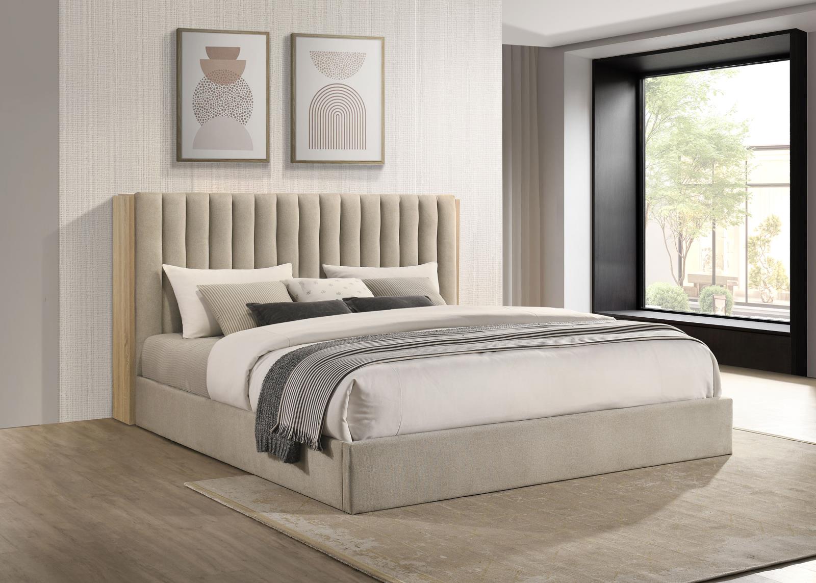 Arielle Eastern King Upholstered Bookcase Bed Light Tan and Light Oak - Image 2