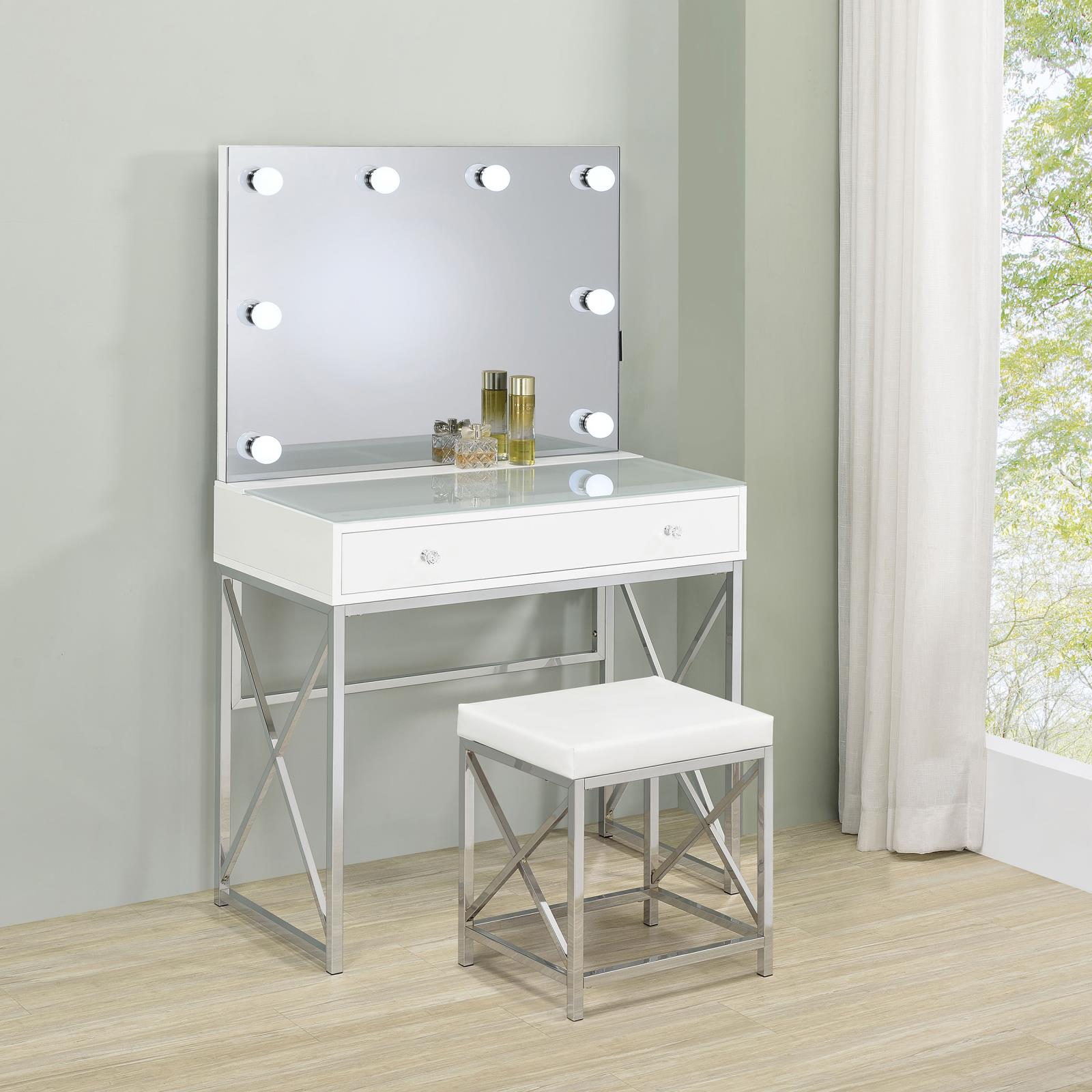 Eliza Vanity Set with Lighting & Stool White and Chrome - Image 2