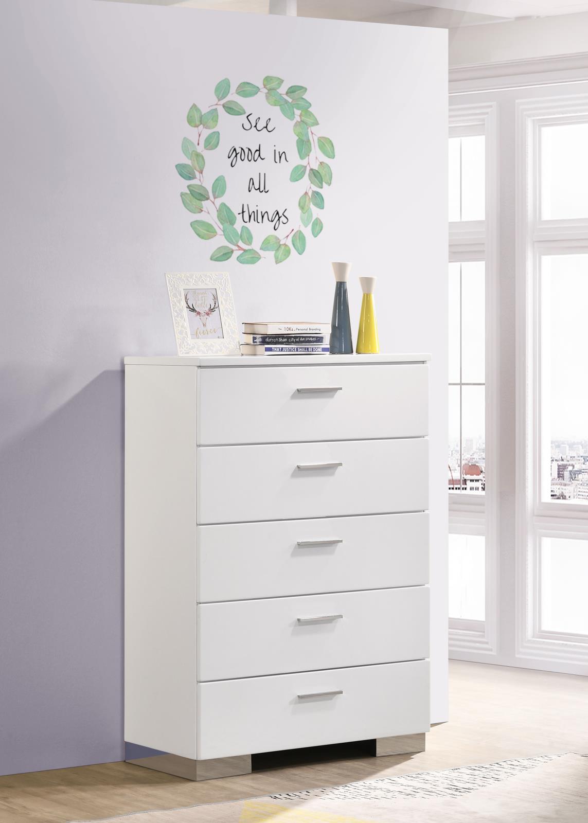 Felicity 5-drawer Bedroom Chest White High Gloss - Image 2