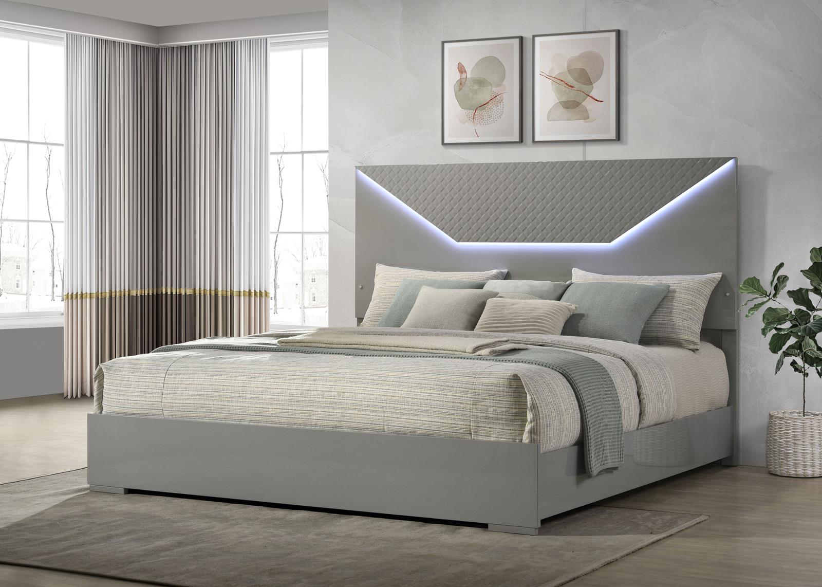 Ives Eastern King Panel Bed LED Headboard Grey High Gloss - Image 2