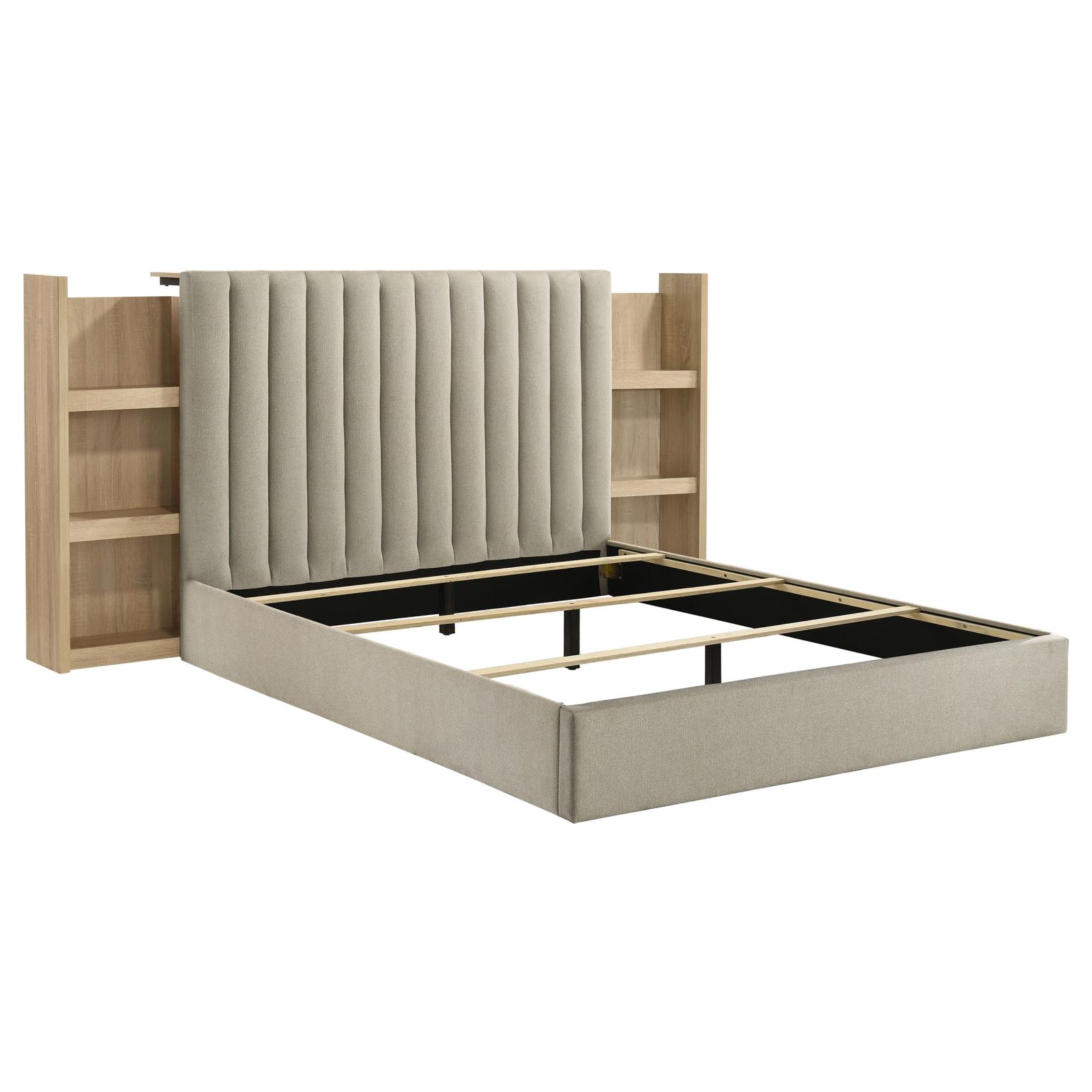 Arielle Queen Upholstered Bookcase Bed Light Tan and Light Oak