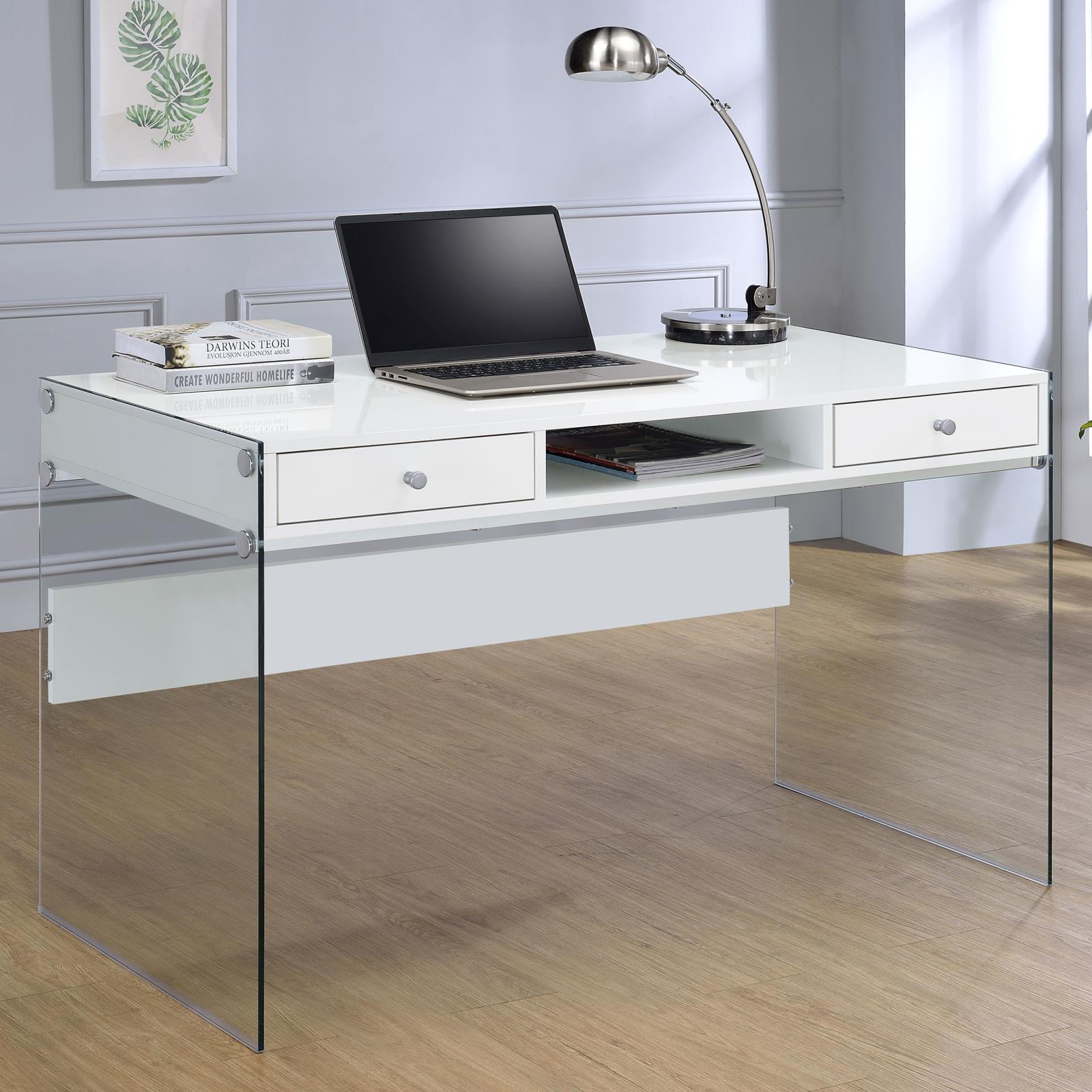 Dobrev 48-inch 2-drawer Writing Desk White High Gloss - Image 2