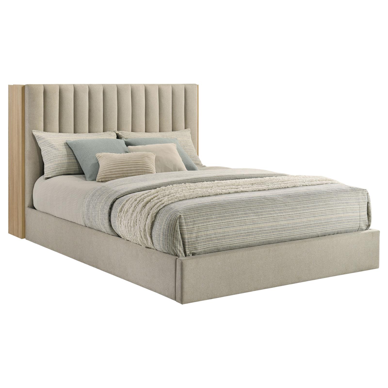 Arielle Queen Upholstered Bookcase Bed Light Tan and Light Oak - Image 5