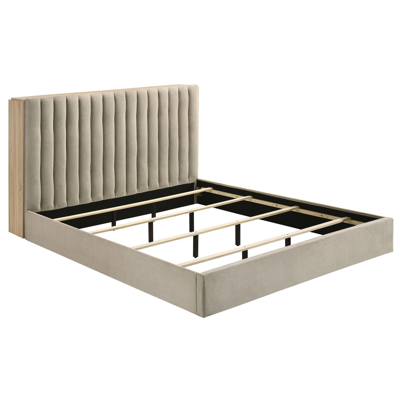 Arielle Eastern King Upholstered Bookcase Bed Light Tan and Light Oak