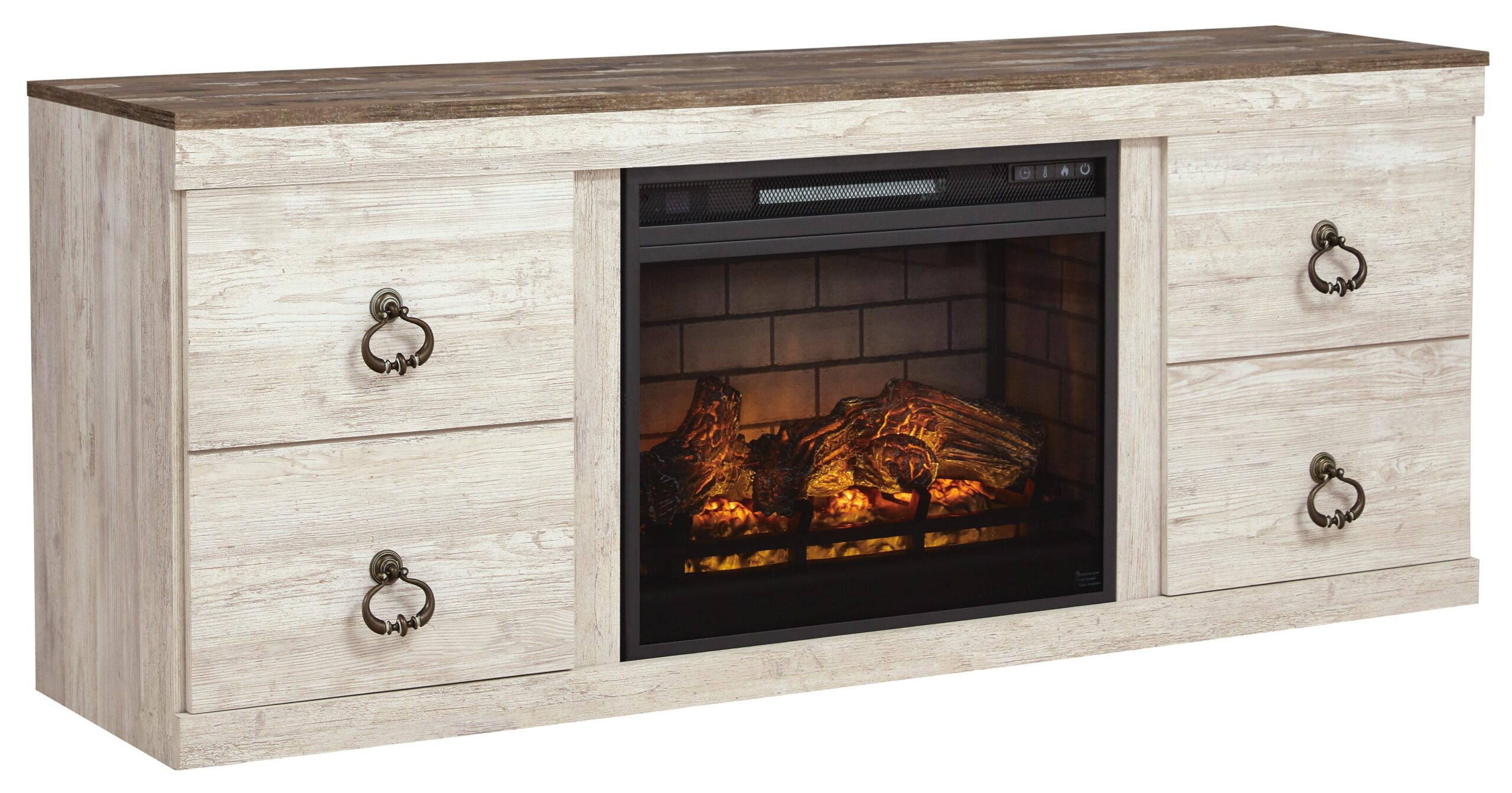 Willowton - 2 Pc. - TV Stand With Faux Firebrick Fireplace Insert - Whitewash - Image 3