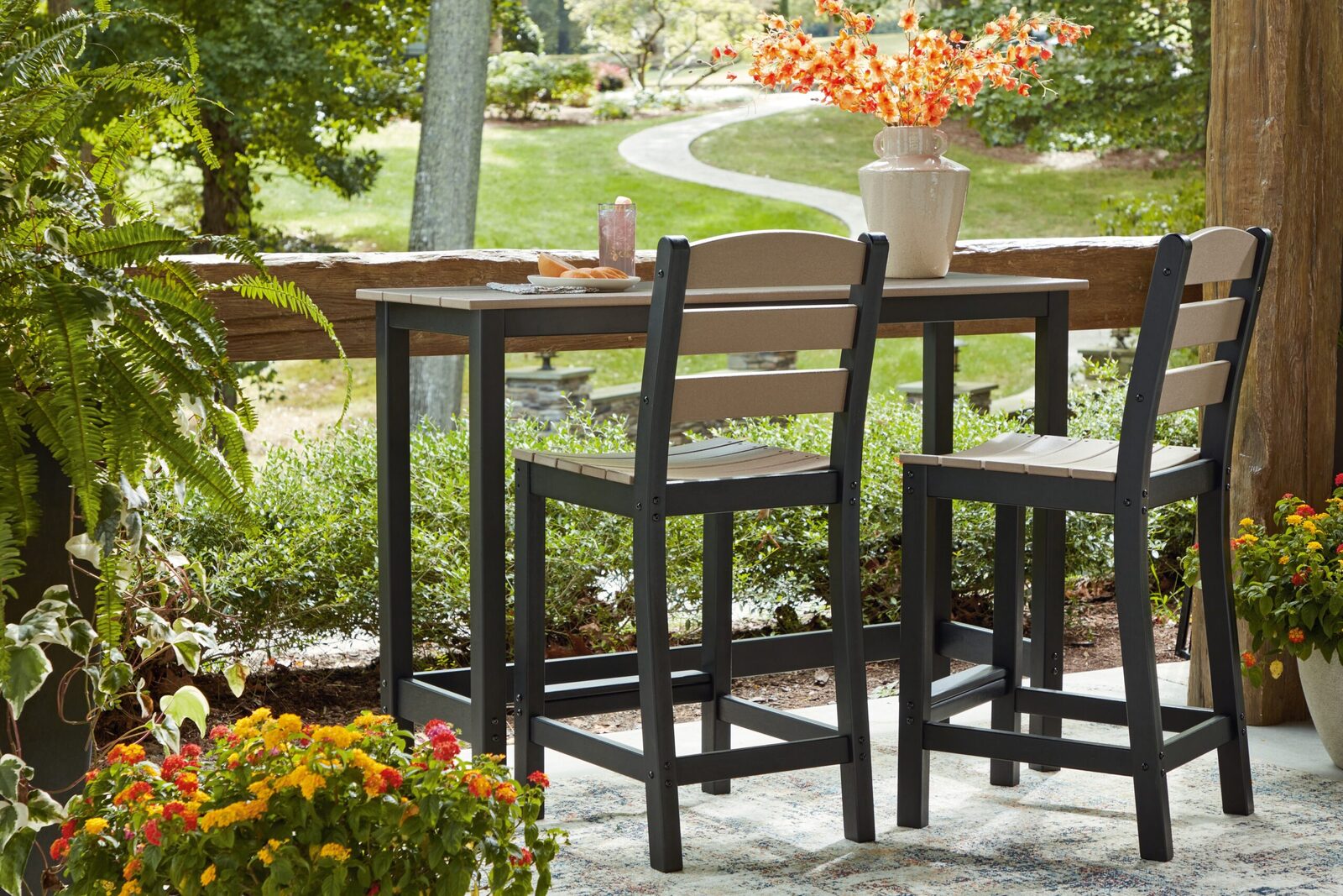 Shoreline Beach - Outdoor Counter Table And 2 Barstools (Set of 3) - Black / Beige - Image 9