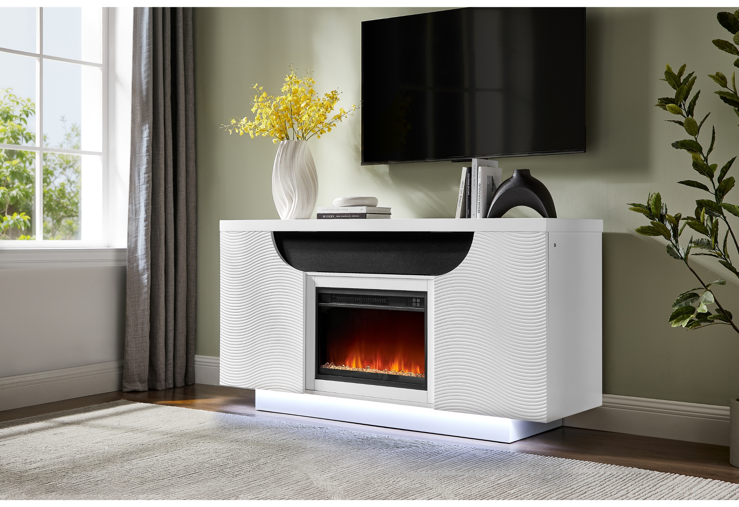 Aileen - 66" Entertainment Unit With LED, Speakers, Crystal Inserts And Pop Up Center Doors - White