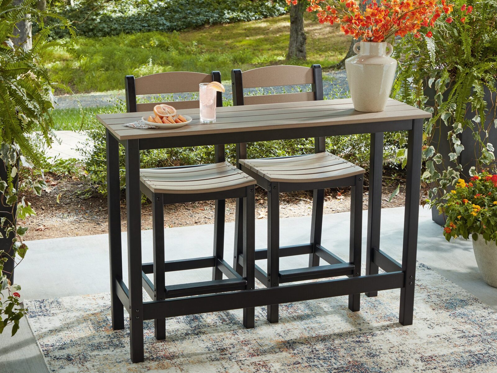 Shoreline Beach - Outdoor Counter Table And 2 Barstools (Set of 3) - Black / Beige - Image 8