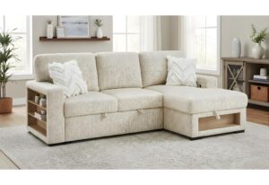 U0222 - Sofa Bed Chaise With Lift Table, Bookcase Base, 2 Stools And 1 Pillow - Cream