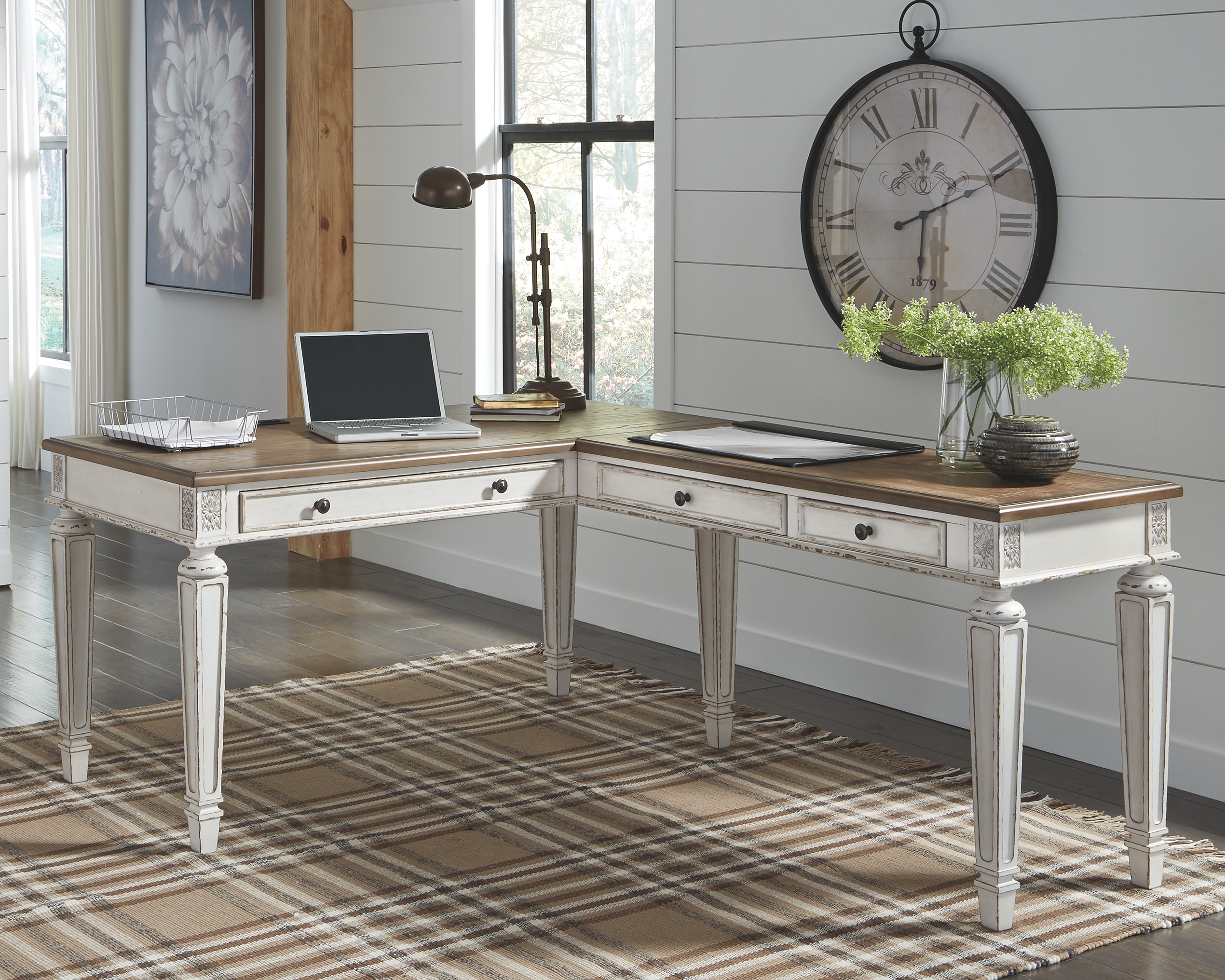 Realyn - Home Office L Shaped Desk - White / Brown - Image 2