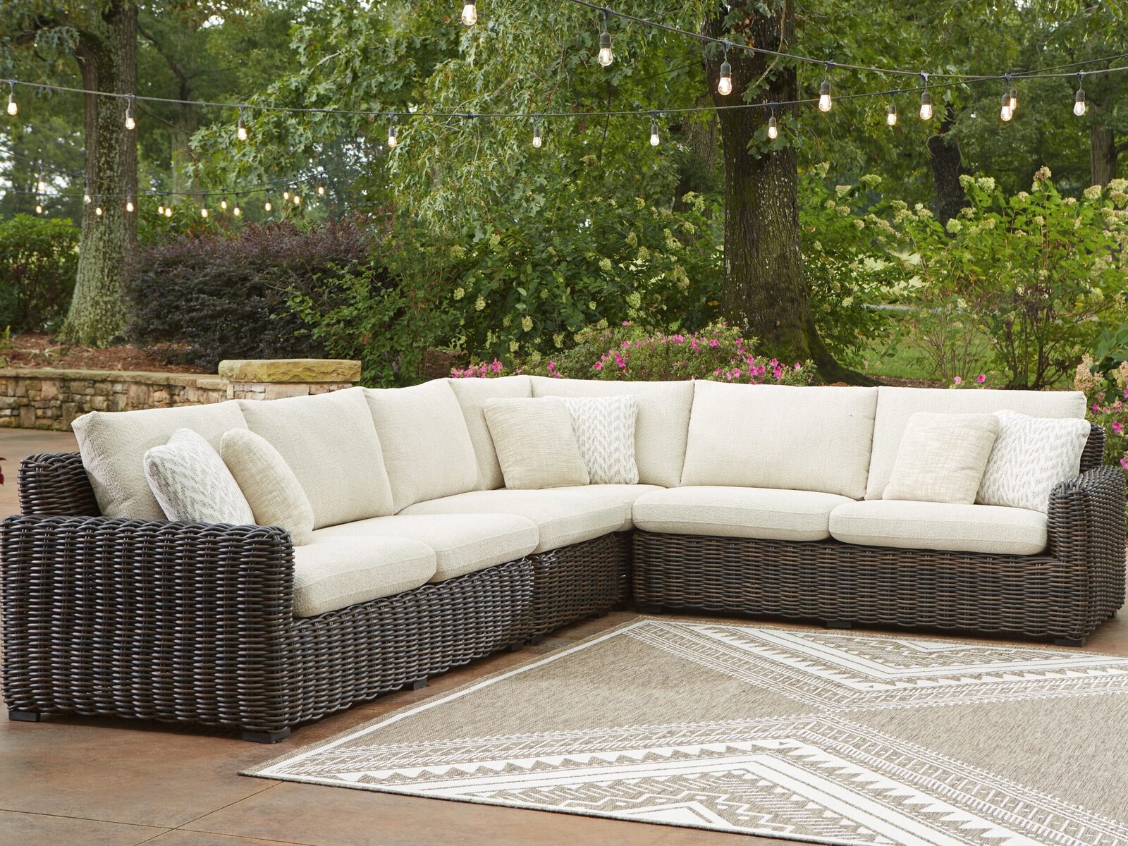 Kimora - 7 Pc. - 4-Piece Outdoor Sectional, Swivel Glider Lounge, Cocktail Table, End Table - Beige / Dark Brown - Image 2